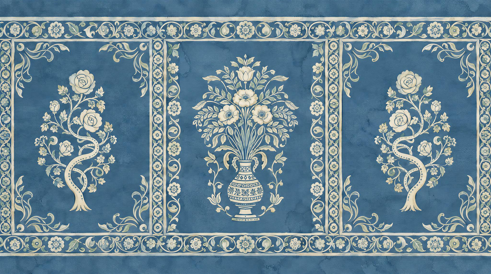 Blue And Neutral Damask Patterning Wallpaper Mural, Peel-and-stick Finish