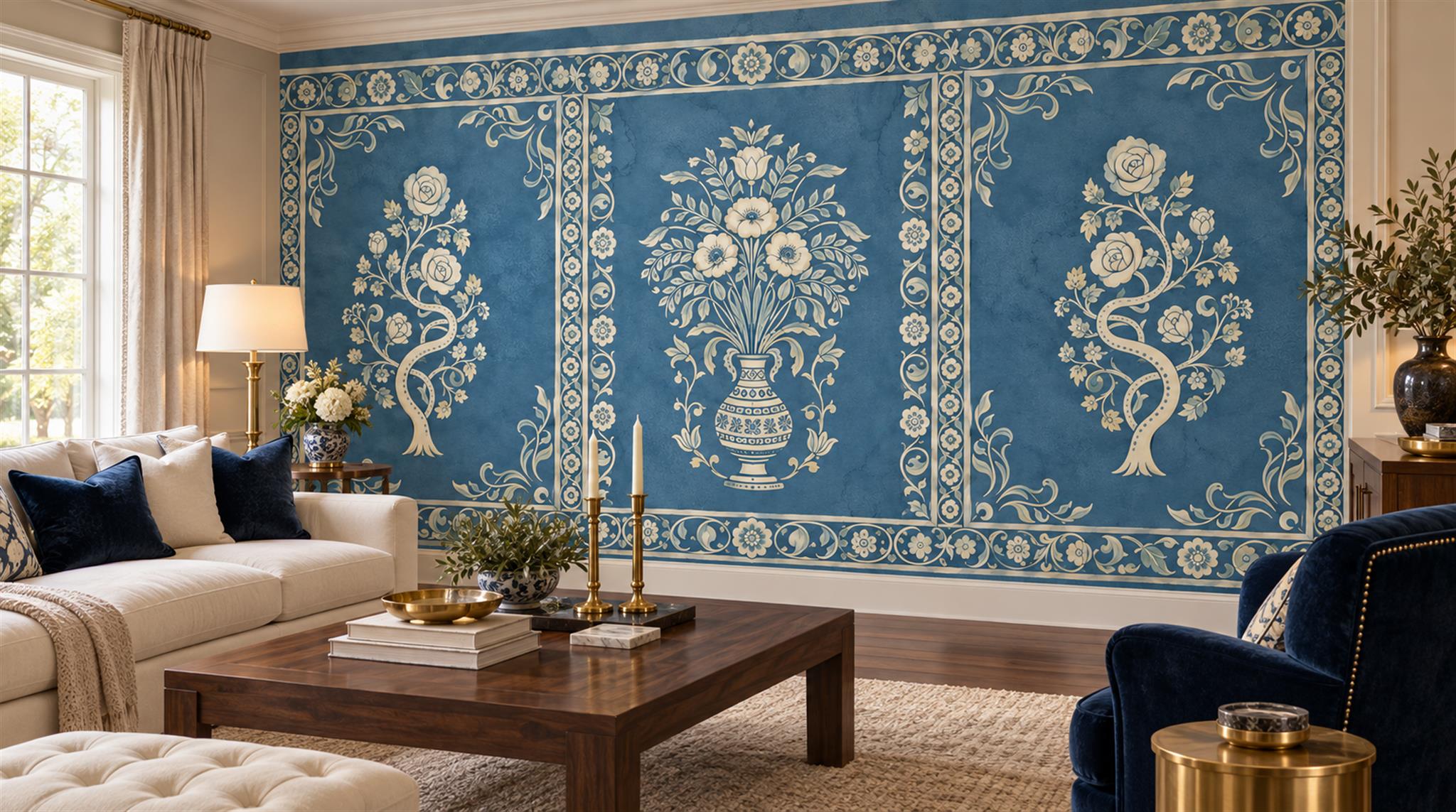 Blue And Neutral Damask Patterning Wallpaper Mural Living-room-wallpaper-murals, Shown In A Living Room, Peel-and-stick Finish