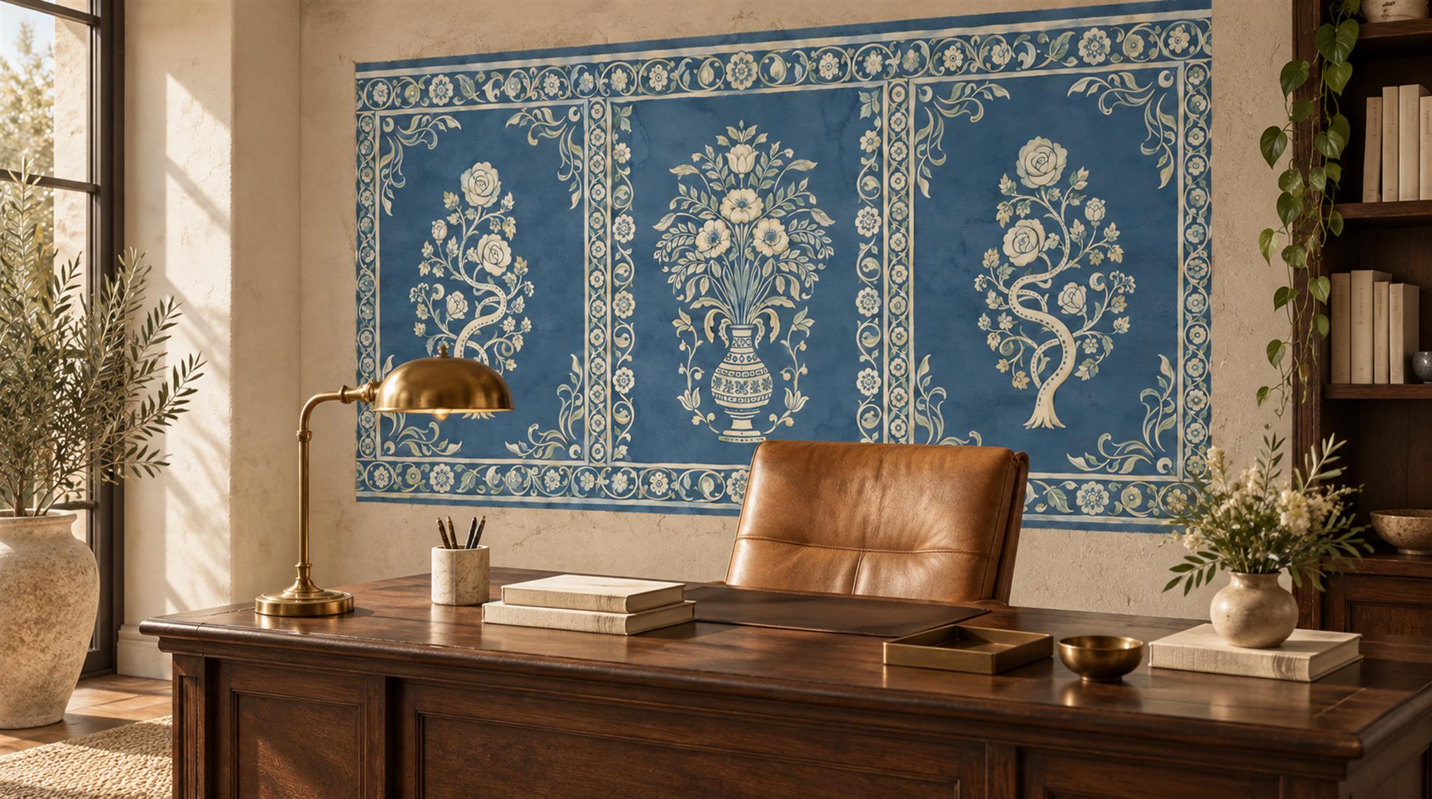 Blue And Neutral Damask Patterning Wallpaper Mural Dining-room-wallpaper-murals, Peel-and-stick Finish