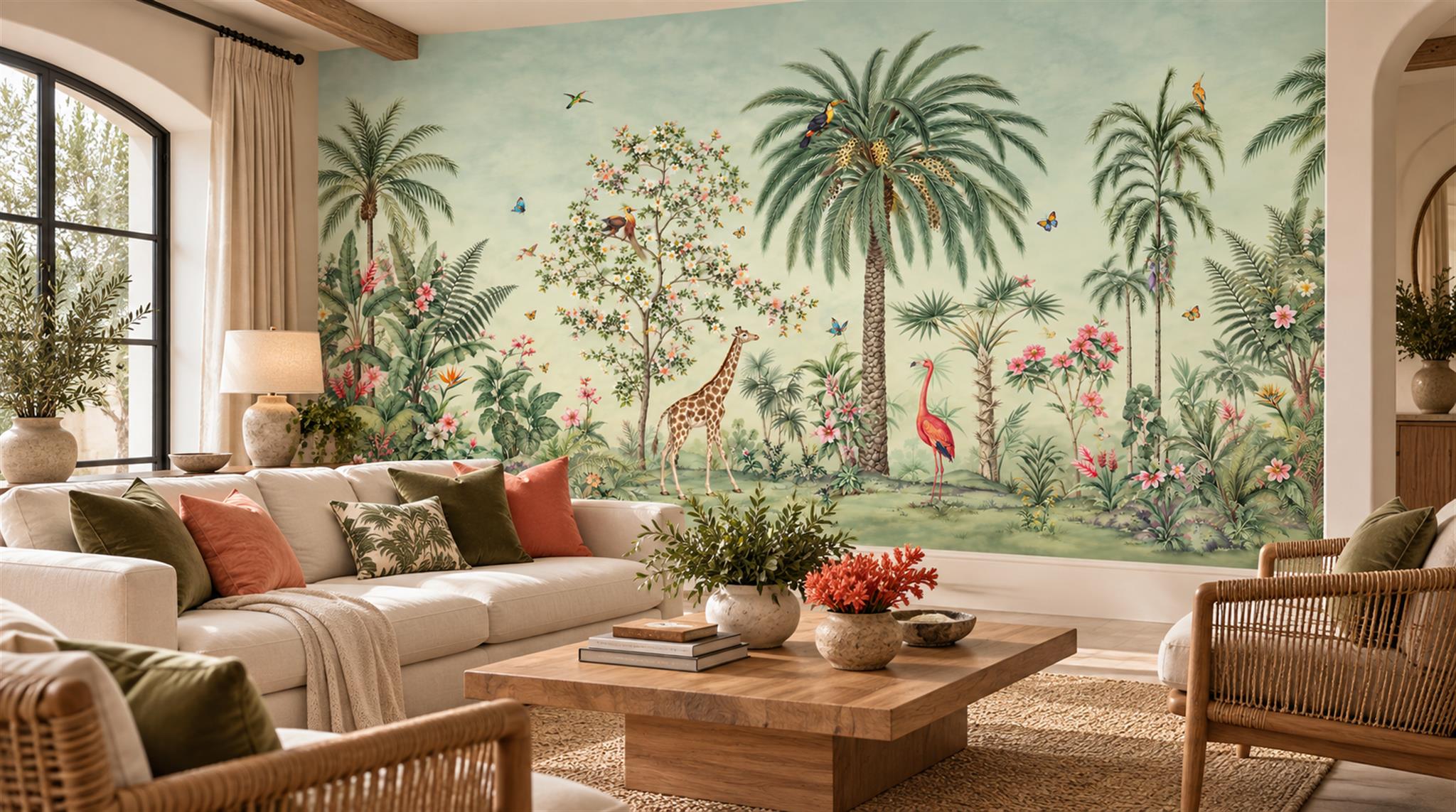 Sage Green And Neutral Abstract Forms Wallpaper Mural Living-room-wallpaper-murals, Peel-and-stick Finish