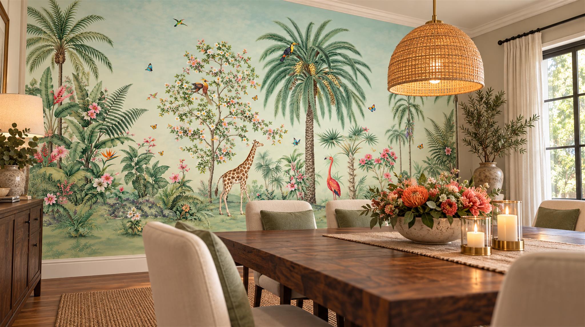 Sage Green And Neutral Abstract Forms Wallpaper Mural Dining-room-wallpaper-murals, Peel-and-stick Finish