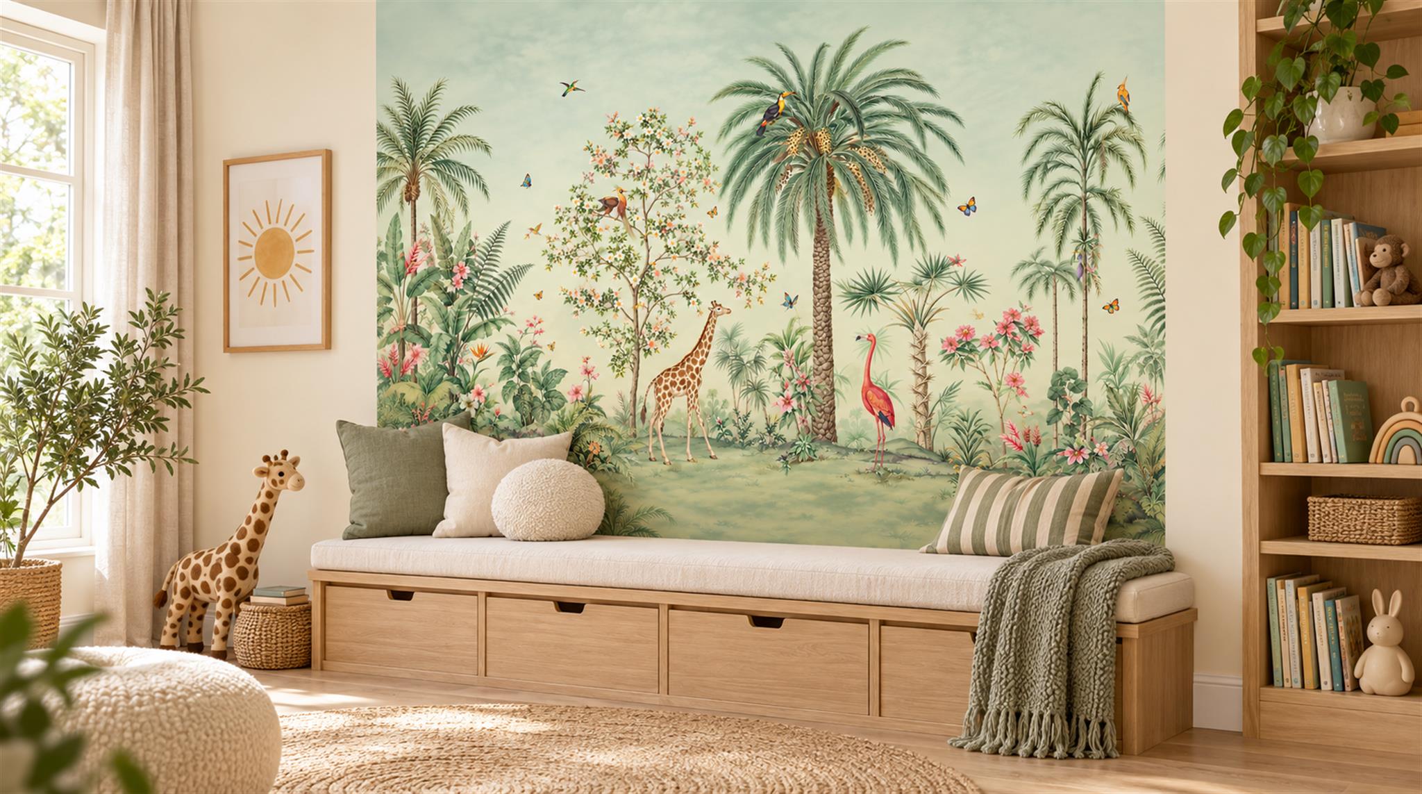 Sage Green And Neutral Abstract Forms Wallpaper Mural Accent-wall-wallpaper-murals, Peel-and-stick Finish