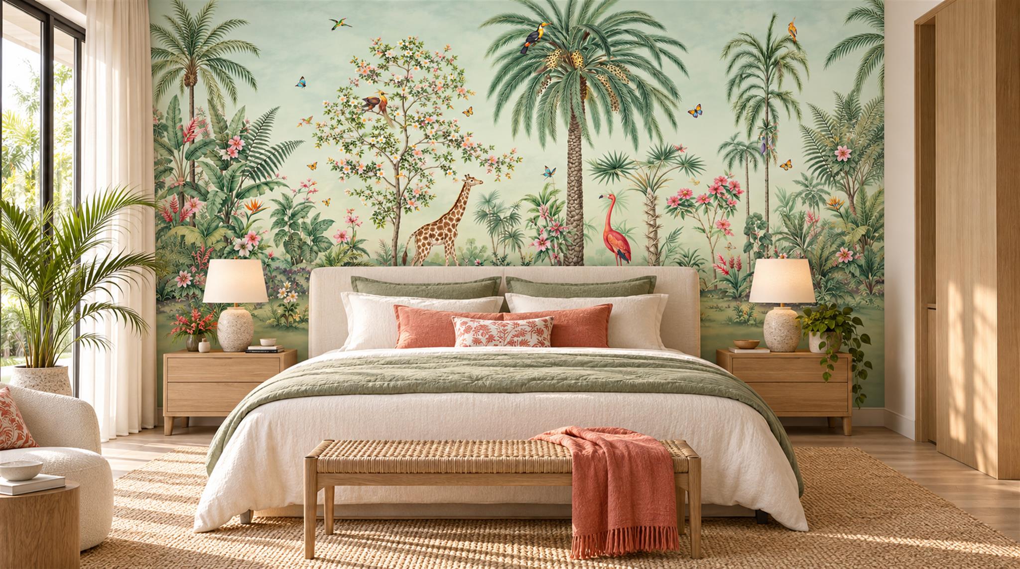 Sage Green And Neutral Abstract Forms Wallpaper Mural Feature-wall-wallpaper-murals, Peel-and-stick Finish