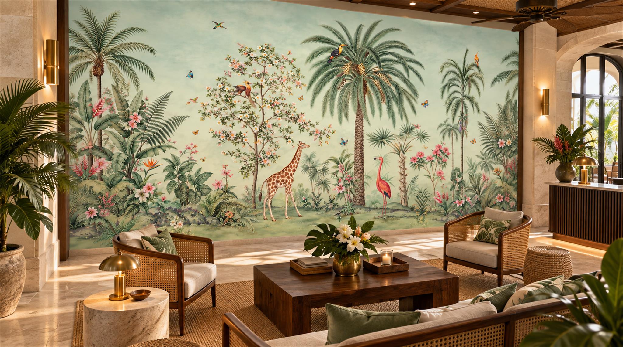 Tropical Palms, Birds And Giraffe Wallpaper Mural — Wallpaper Mural Design, Peel-and-stick Finish