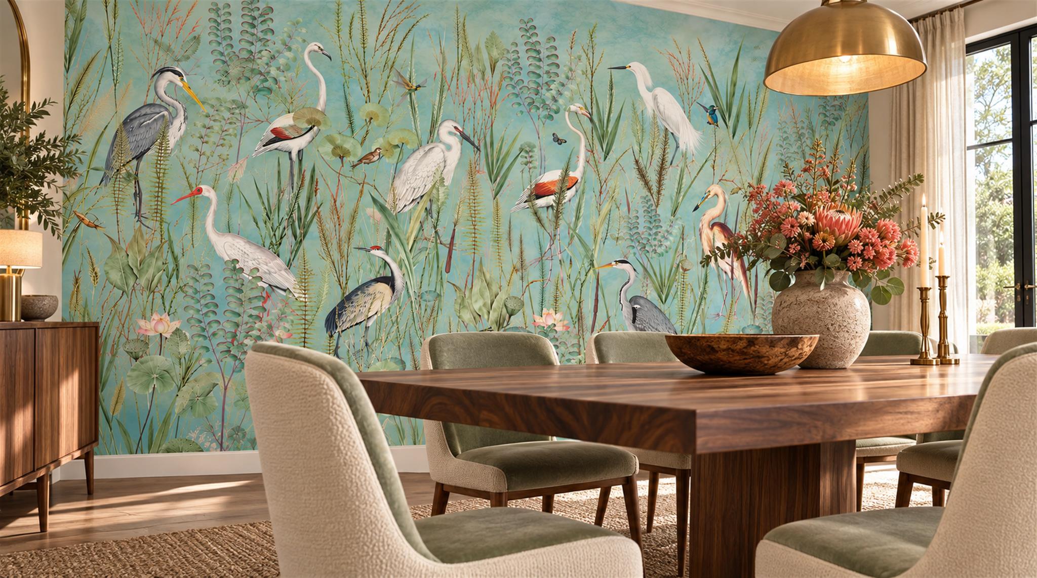 Red And Aqua Decorative Patterning Layered Wallpaper Mural Dining-room-wallpaper-murals, Shown In A Dining Room, Peel-and-stick Finish