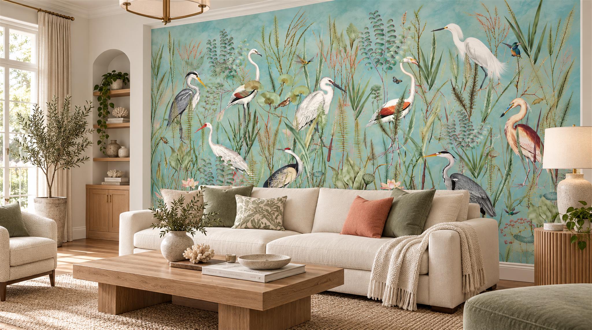 Red And Aqua Decorative Patterning Layered Wallpaper Mural Living-room-wallpaper-murals, Shown In A Living Room, Peel-and-stick Finish