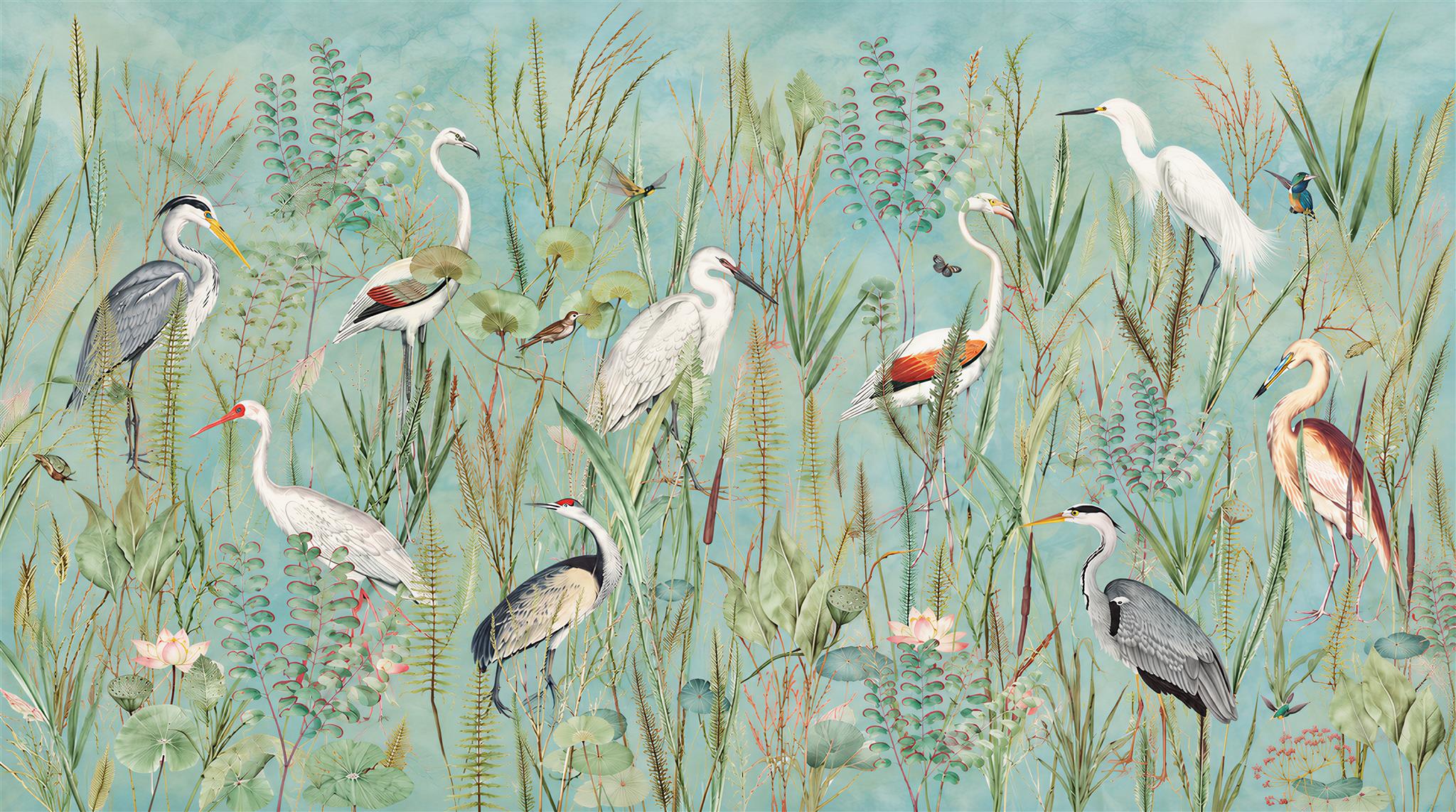 Herons Among Reeds Marsh Wallpaper Mural — Wallpaper Mural Design, Peel-and-stick Finish