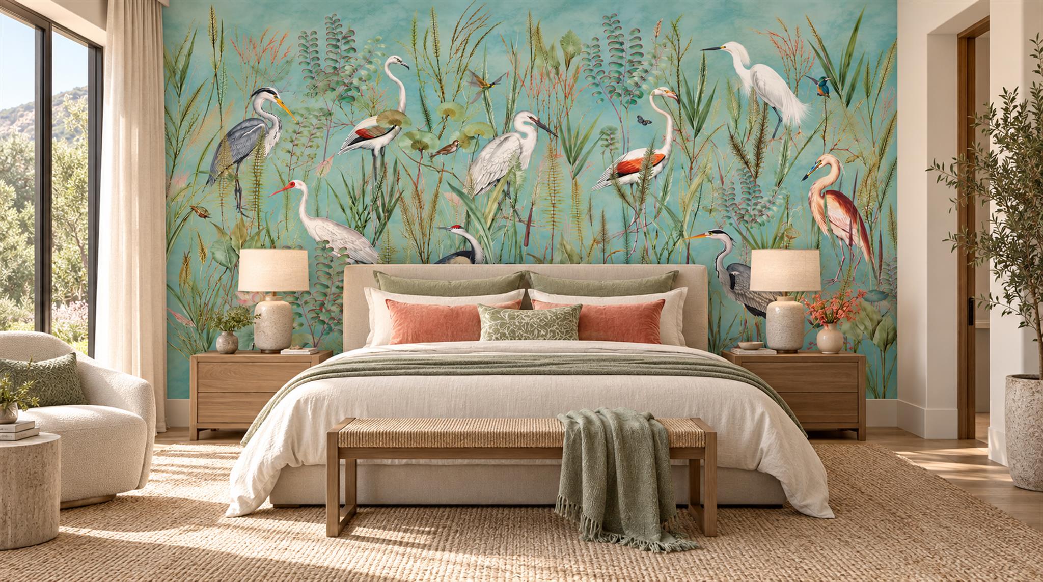 Red And Aqua Decorative Patterning Layered Wallpaper Mural Bedroom-wallpaper-murals, Peel-and-stick Finish