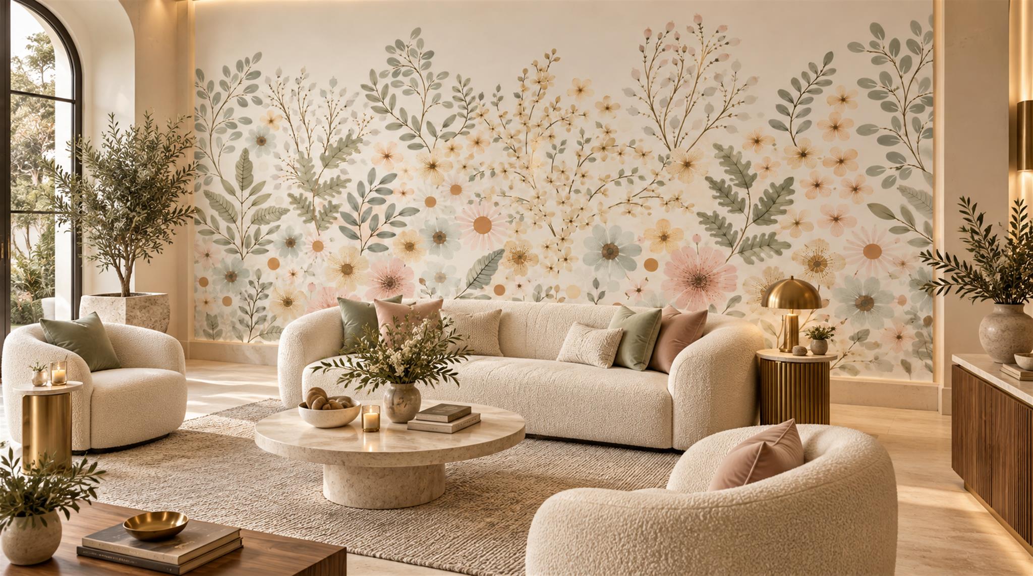 Soft Neutral Branch And Blossom Wallpaper Mural — Wallpaper Mural Design, Peel-and-stick Finish