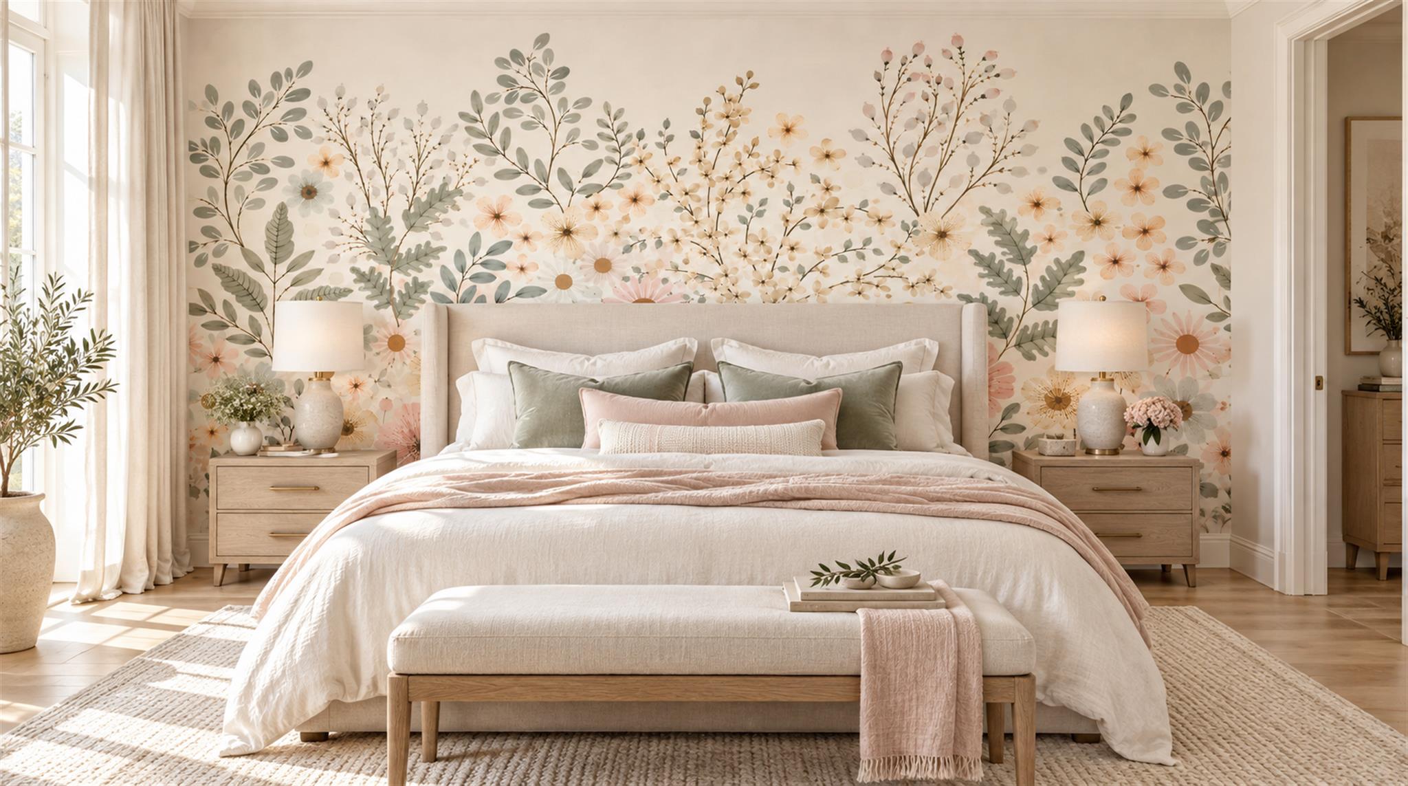 Ivory And Neutral Floral Forms Wallpaper Mural Bedroom-wallpaper-murals, Peel-and-stick Finish