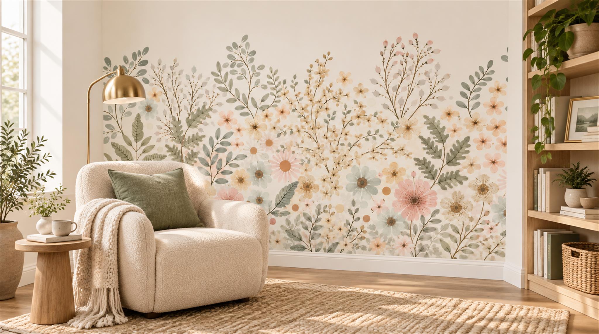 Ivory And Neutral Floral Forms Wallpaper Mural Accent-wall-wallpaper-murals, Peel-and-stick Finish