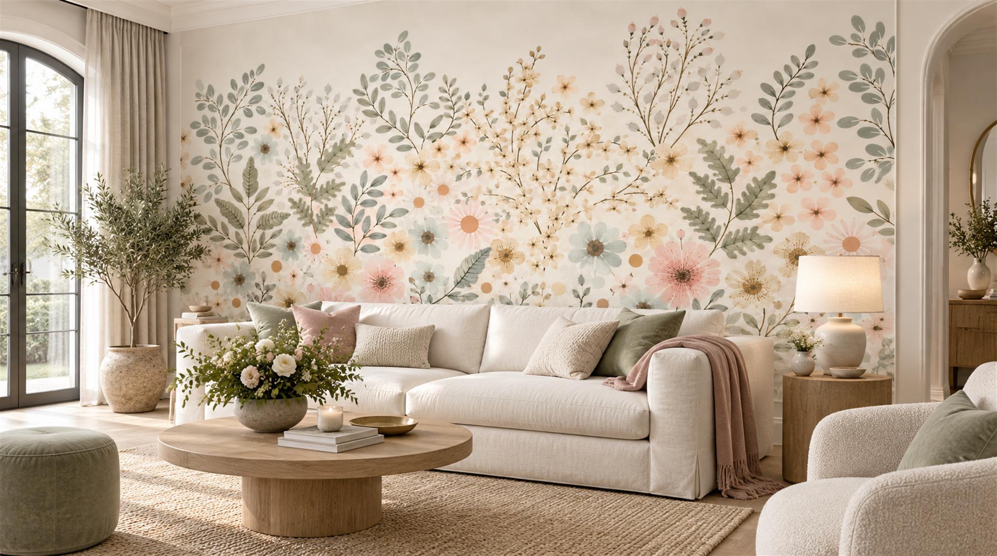 Ivory And Neutral Floral Forms Wallpaper Mural Living-room-wallpaper-murals, Shown In A Living Room, Peel-and-stick Finish