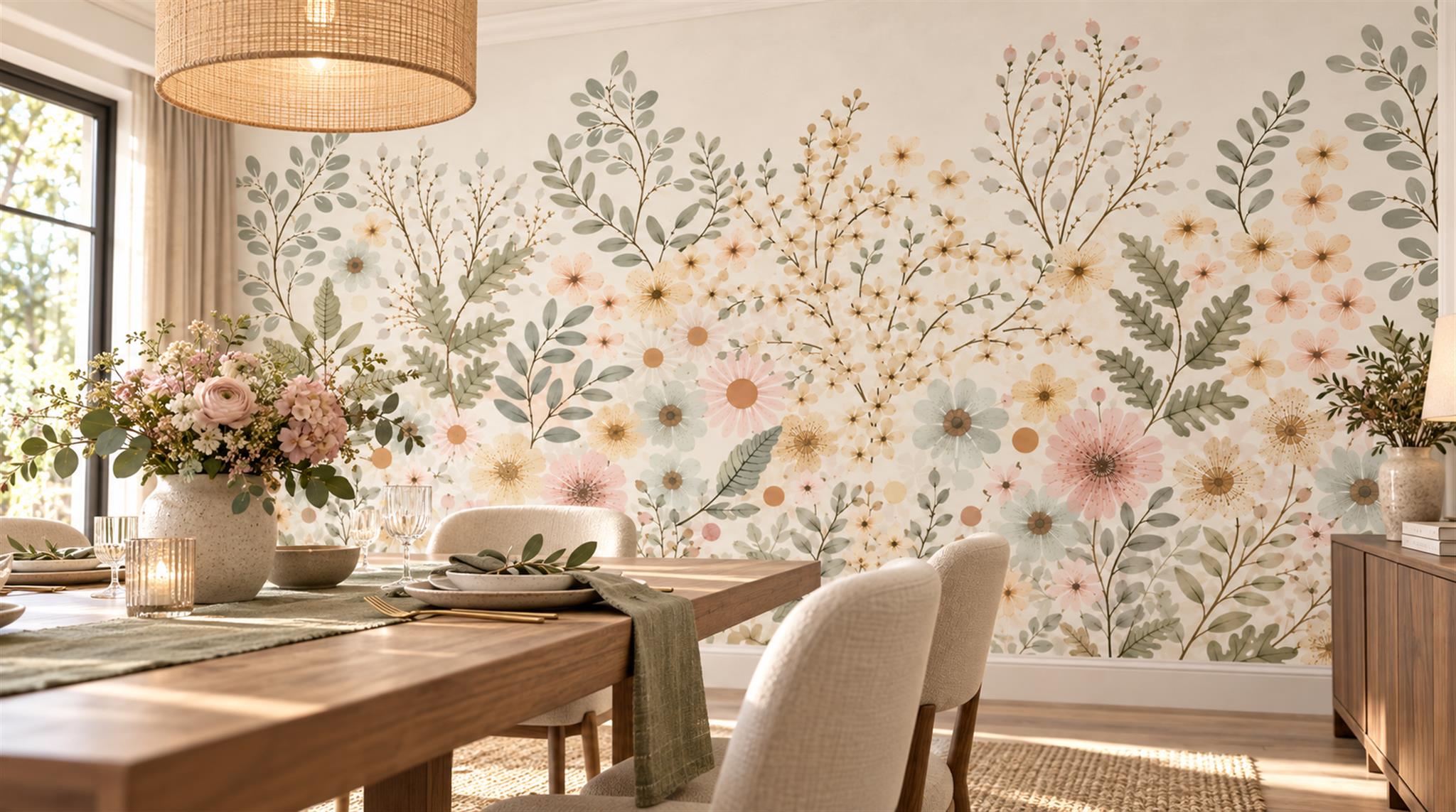 Ivory And Neutral Floral Forms Wallpaper Mural Accent-wall-wallpaper-murals, Peel-and-stick Finish