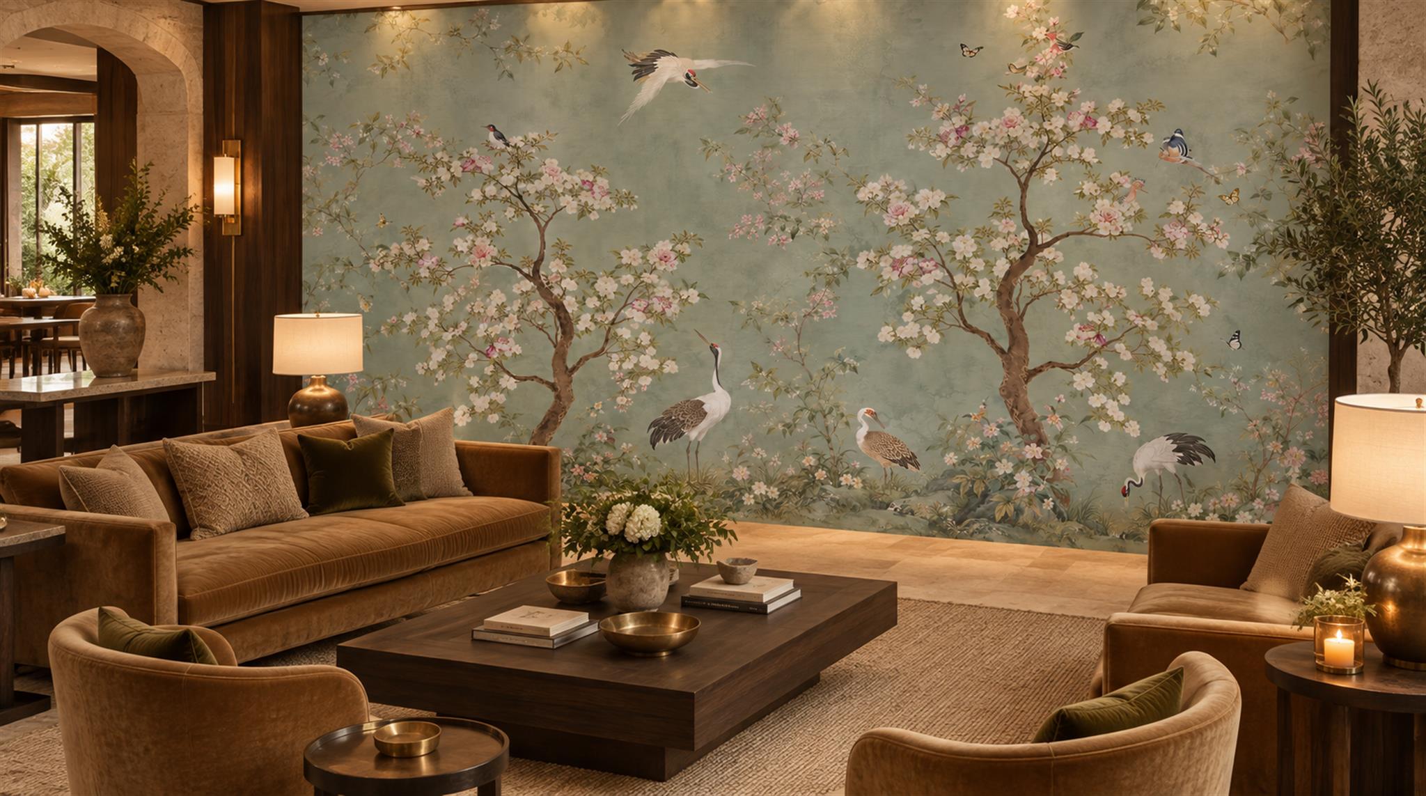 Sage Green And Neutral Blossom Branches Wallpaper Mural Accent-wall-wallpaper-murals, Peel-and-stick Finish