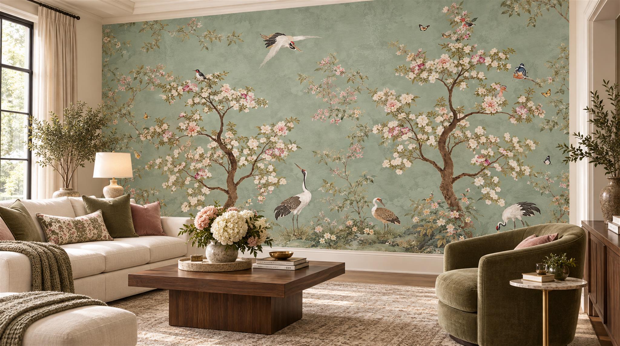 Sage Green And Neutral Blossom Branches Wallpaper Mural Living-room-wallpaper-murals, Peel-and-stick Finish