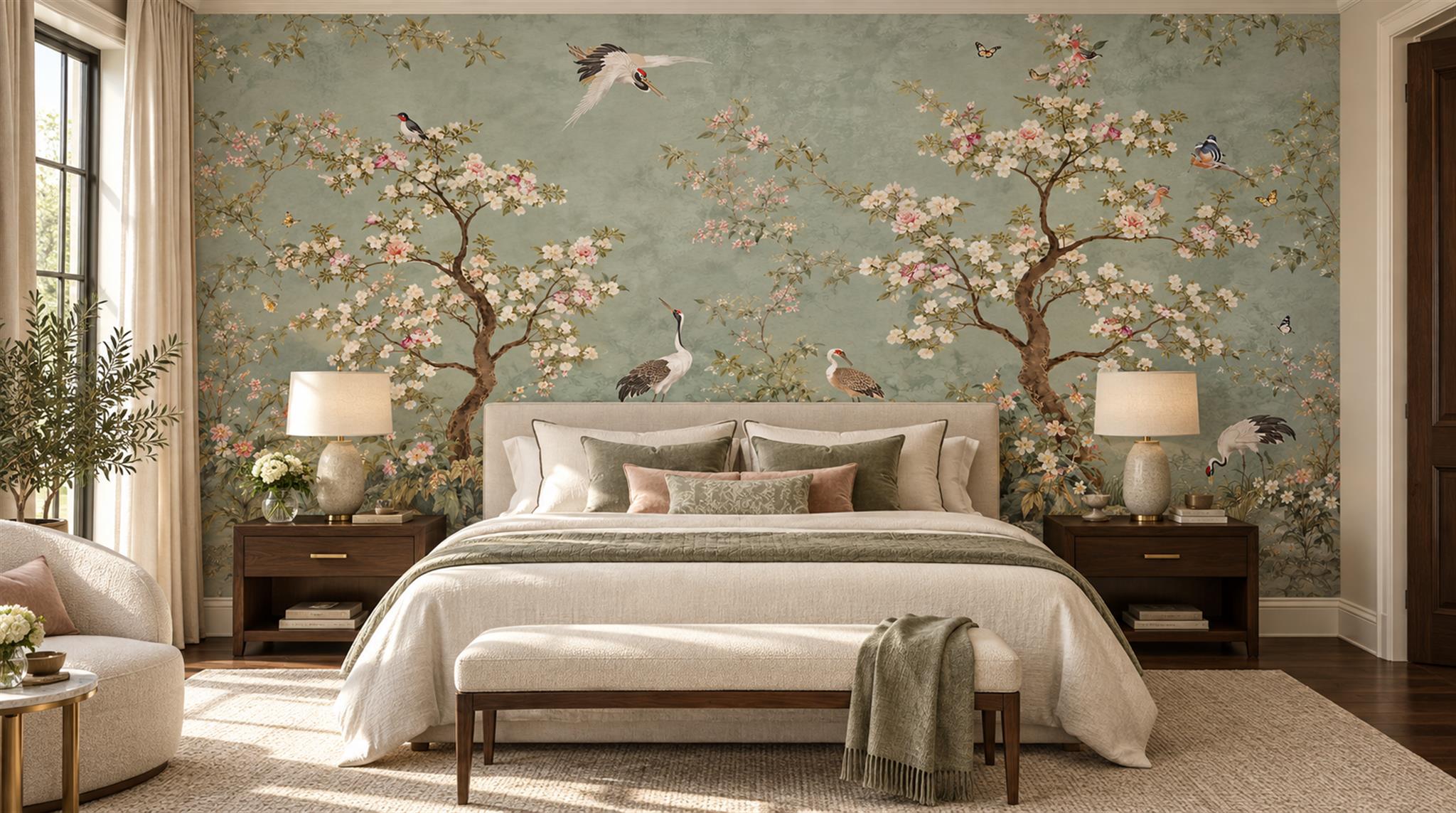 Sage Green And Neutral Blossom Branches Wallpaper Mural Bedroom-wallpaper-murals, Peel-and-stick Finish