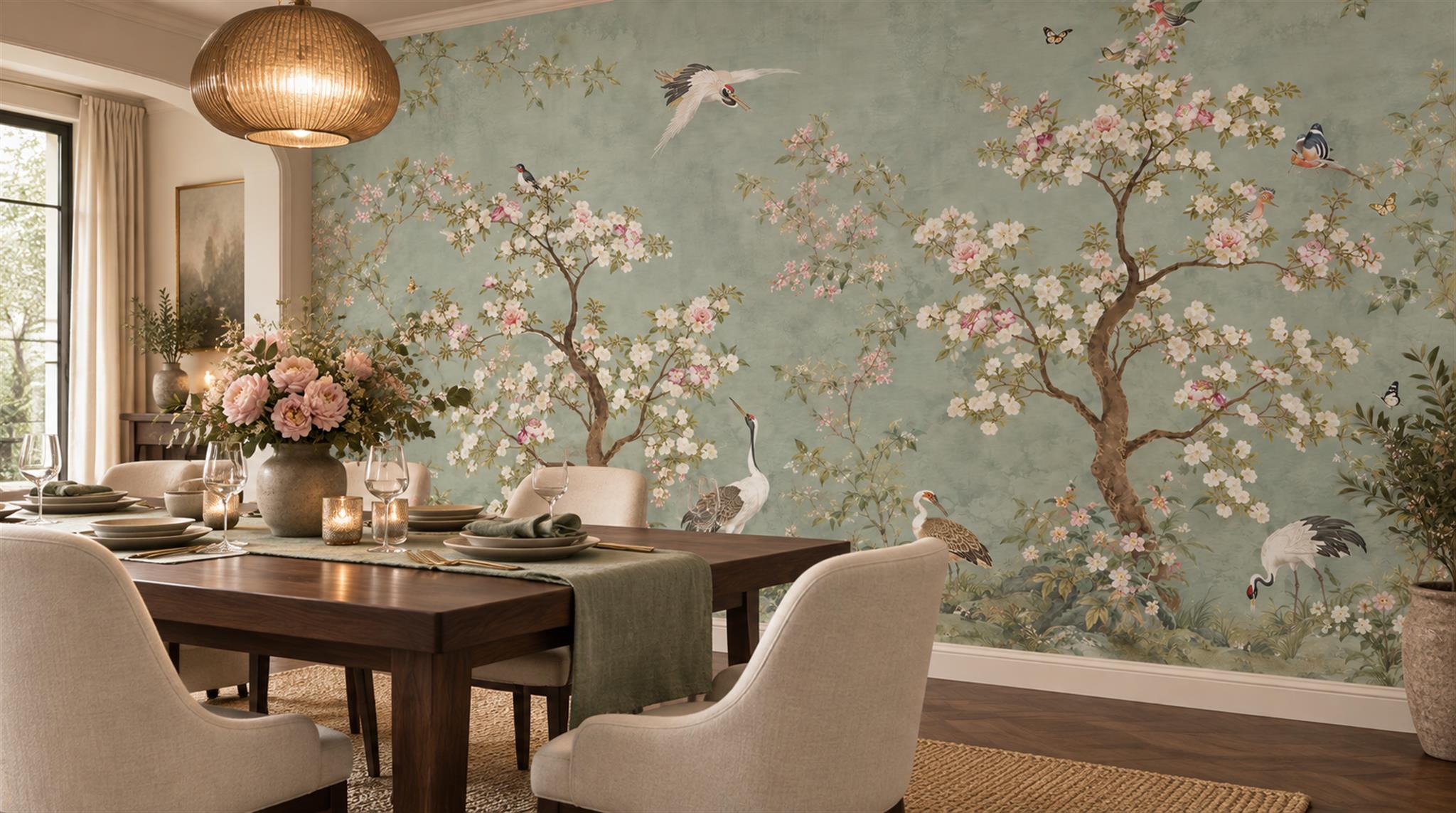 Sage Green And Neutral Blossom Branches Wallpaper Mural Dining-room-wallpaper-murals, Shown In A Dining Room, Peel-and-stick Finish