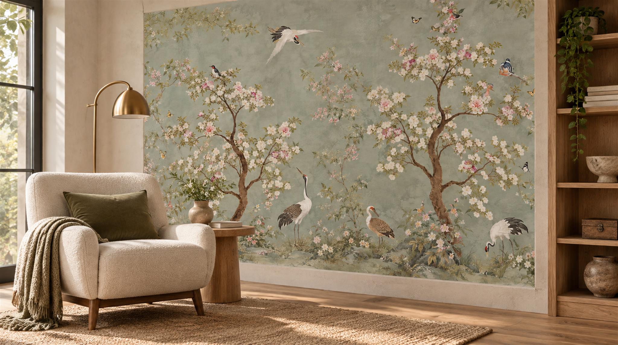 Sage Green And Neutral Blossom Branches Wallpaper Mural Accent-wall-wallpaper-murals, Peel-and-stick Finish