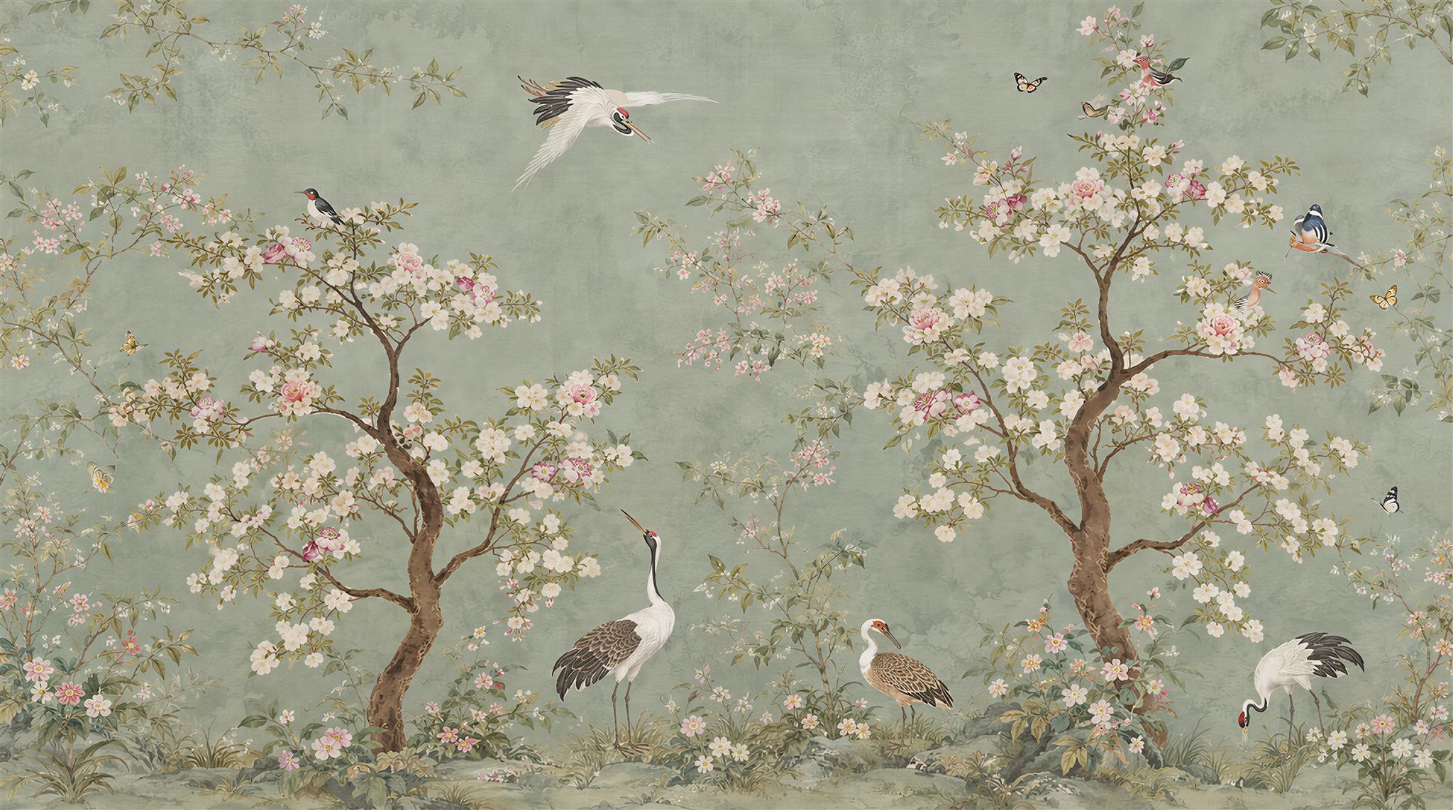 Sage Green And Neutral Blossom Branches Wallpaper Mural Living-room-wallpaper-murals, Peel-and-stick Finish