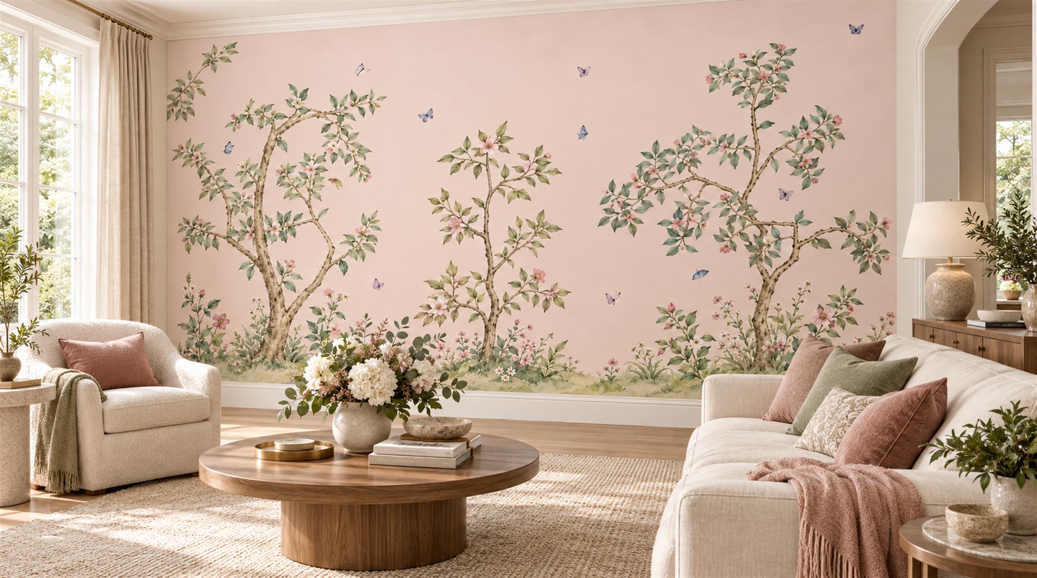Blossoming Branches And Blue Butterflies Wallpaper Mural — Wallpaper Mural Design, Peel-and-stick Finish