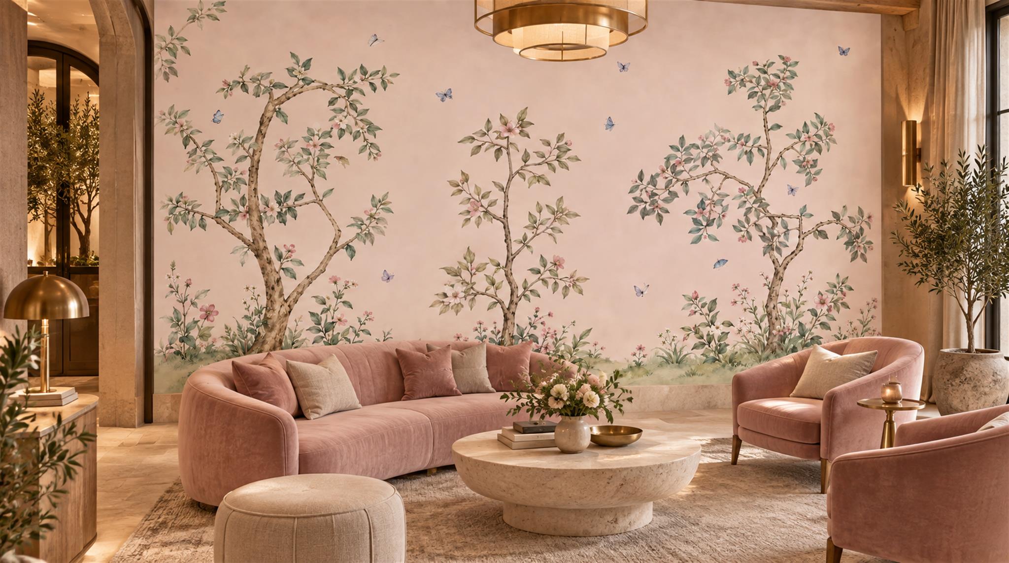 Pink And Neutral Abstract Forms Wallpaper Mural Feature-wall-wallpaper-murals, Peel-and-stick Finish