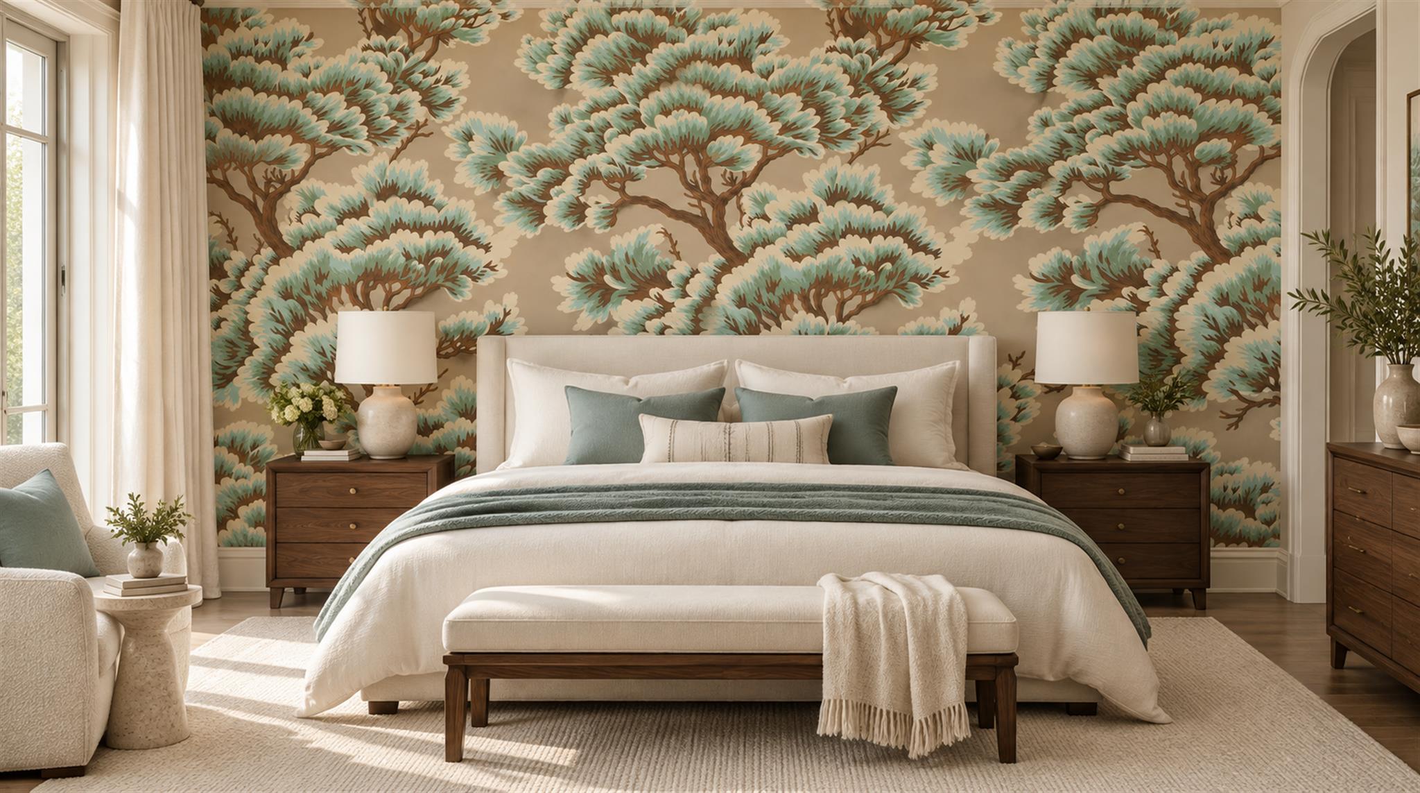 Red And Neutral Decorative Patterning Wallpaper Mural Layered Linear Bedroom-wallpaper-murals, Peel-and-stick Finish