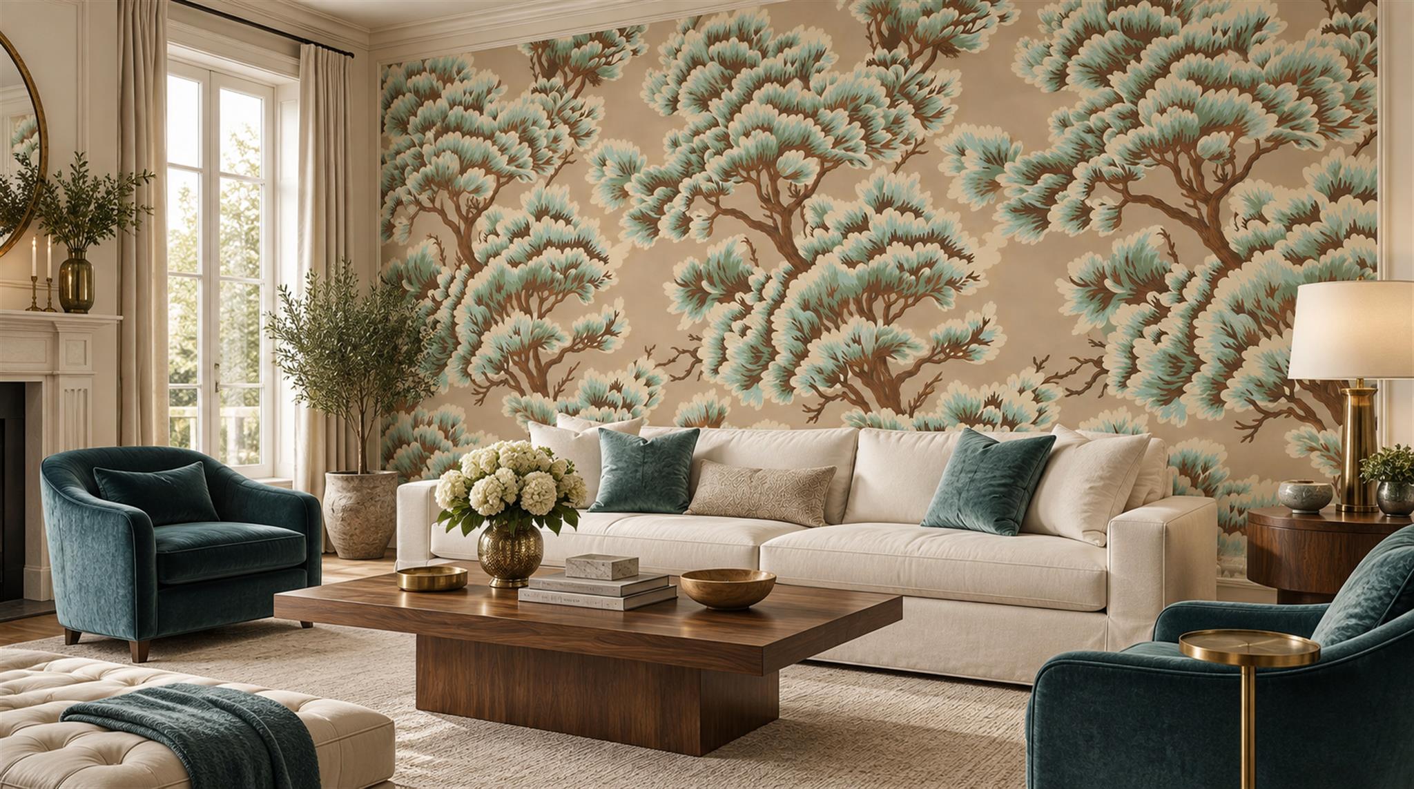 Red And Neutral Decorative Patterning Wallpaper Mural Layered Linear Living-room-wallpaper-murals, Shown In A Living Room, Peel-and-stick Finish