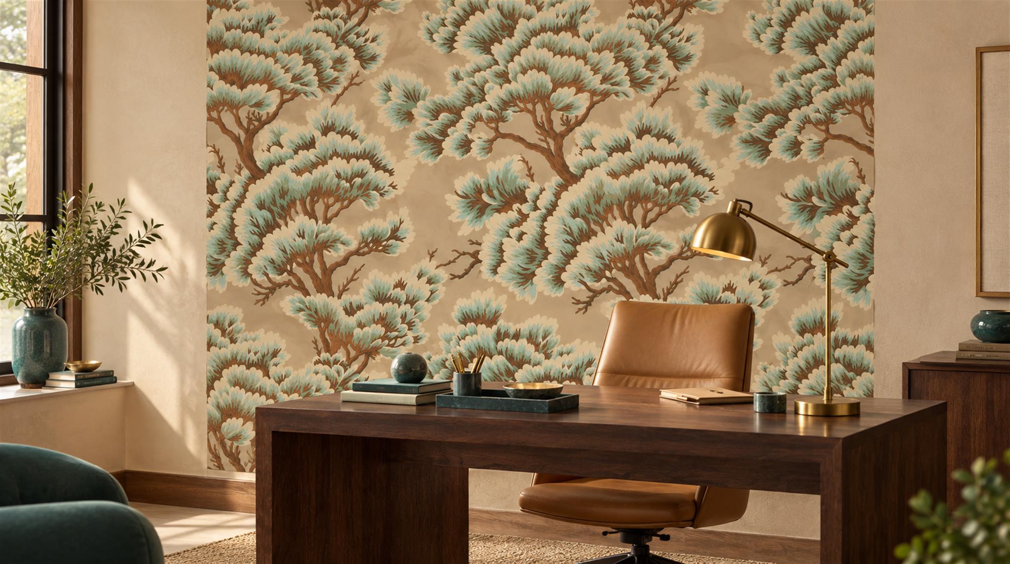 Red And Neutral Decorative Patterning Wallpaper Mural Layered Linear Home-office-wallpaper-murals, Shown In A Home Office, Peel-and-stick Finish