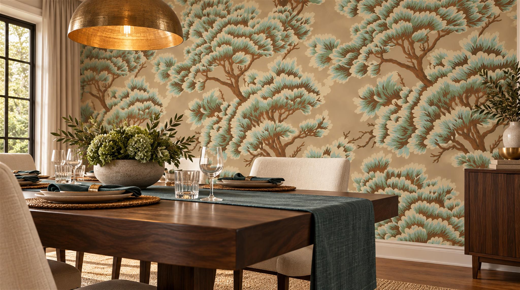 Red And Neutral Decorative Patterning Wallpaper Mural Layered Linear Dining-room-wallpaper-murals, Shown In A Dining Room, Peel-and-stick Finish