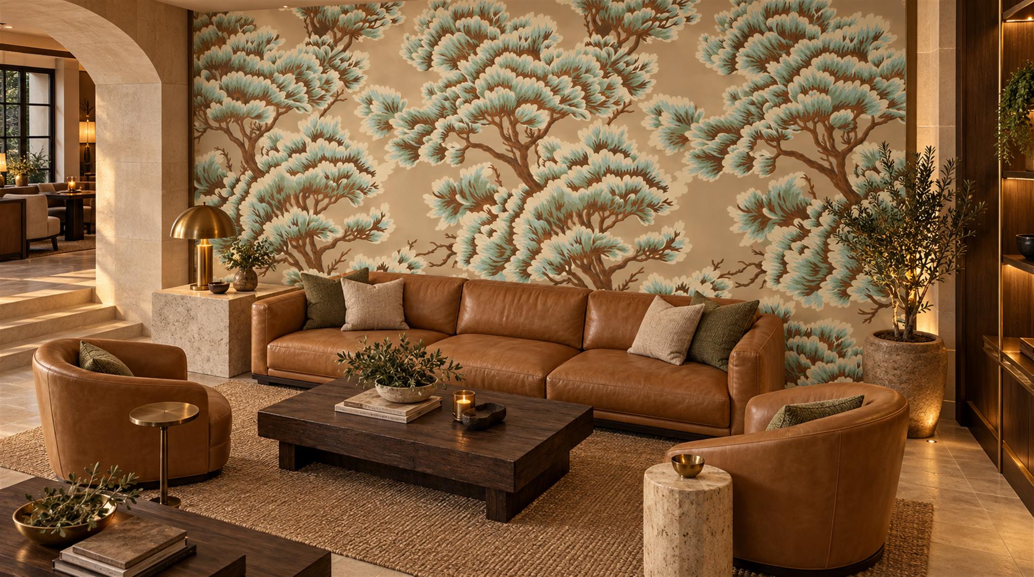 Red And Neutral Decorative Patterning Wallpaper Mural Layered Linear Accent-wall-wallpaper-murals, Peel-and-stick Finish