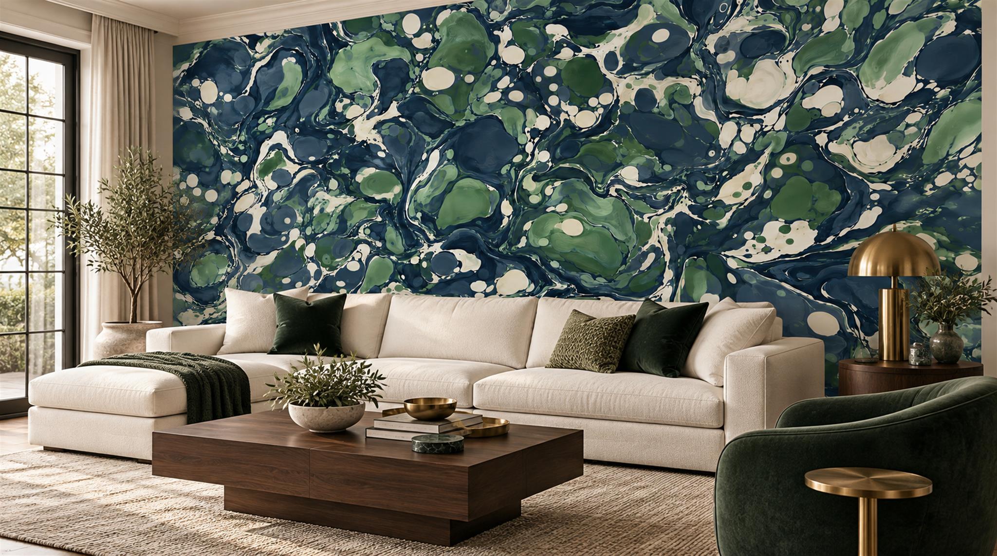 Navy Abstract Forms Wallpaper Mural Living-room-wallpaper-murals, Peel-and-stick Finish