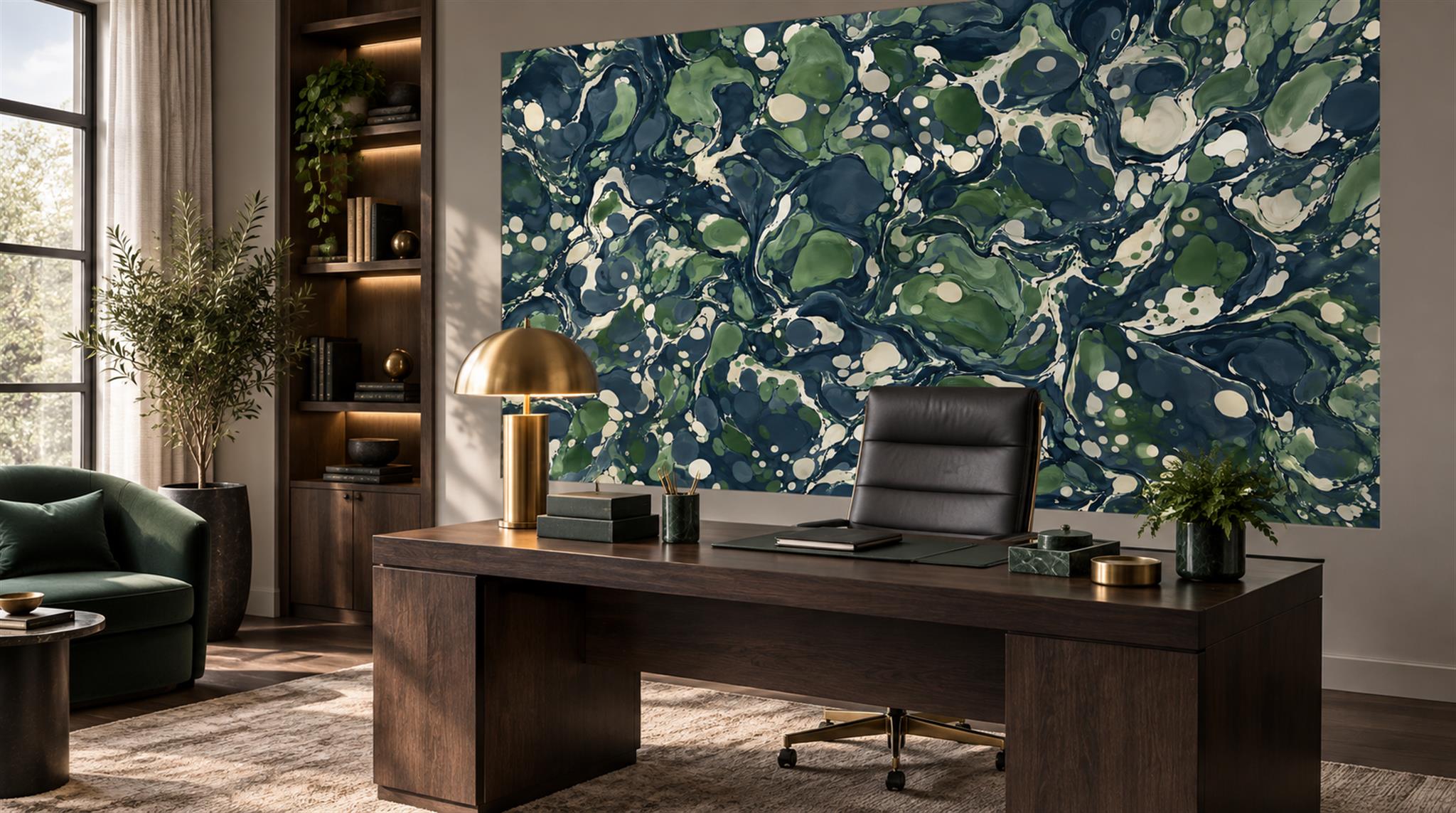 Navy Abstract Forms Wallpaper Mural Office-wallpaper-murals, Shown In A Home Office, Peel-and-stick Finish