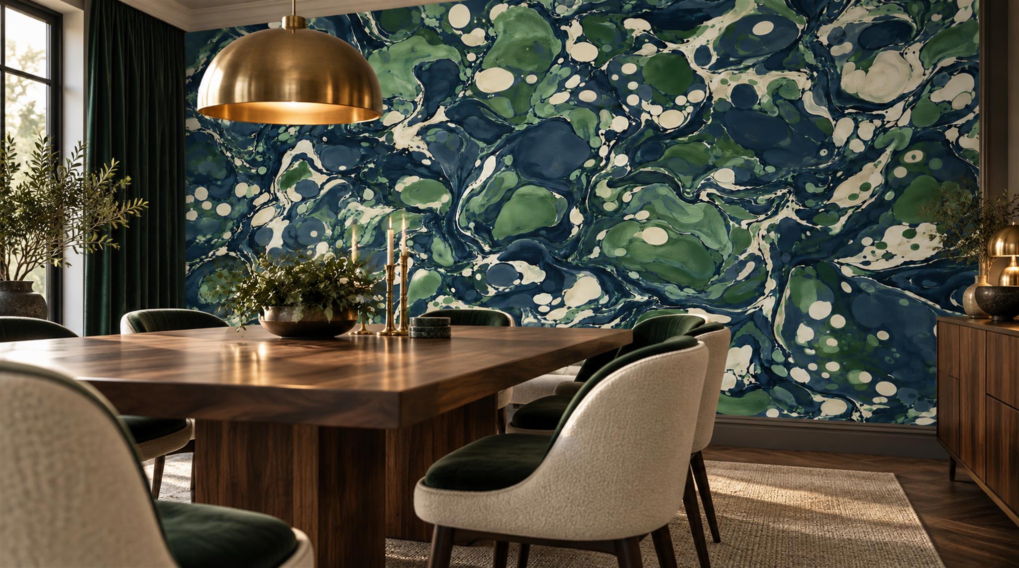 Navy Abstract Forms Wallpaper Mural Dining-room-wallpaper-murals, Shown In A Dining Room, Peel-and-stick Finish