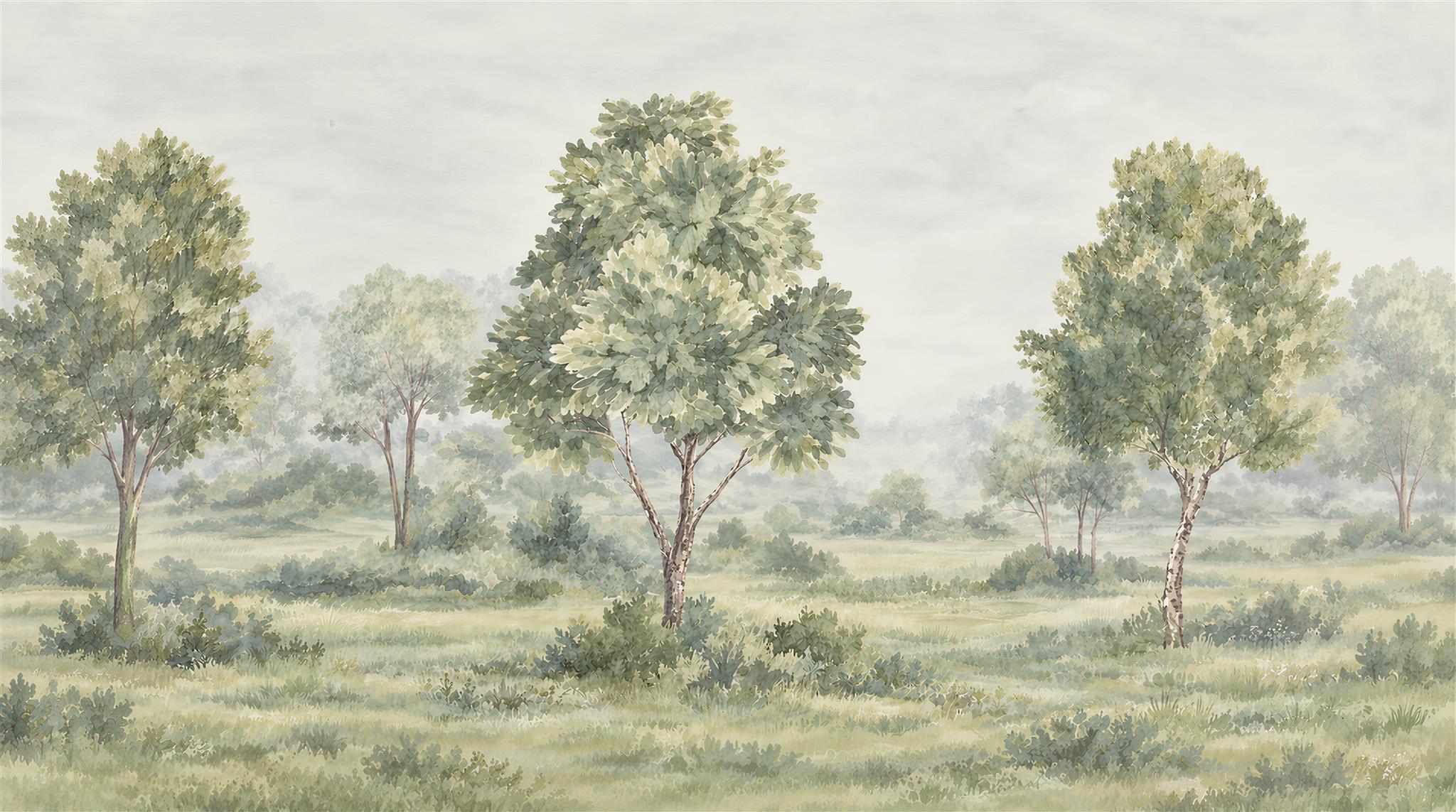 Sage Green And Neutral A Painterly Scenic View Wallpaper, Peel-and-stick Finish