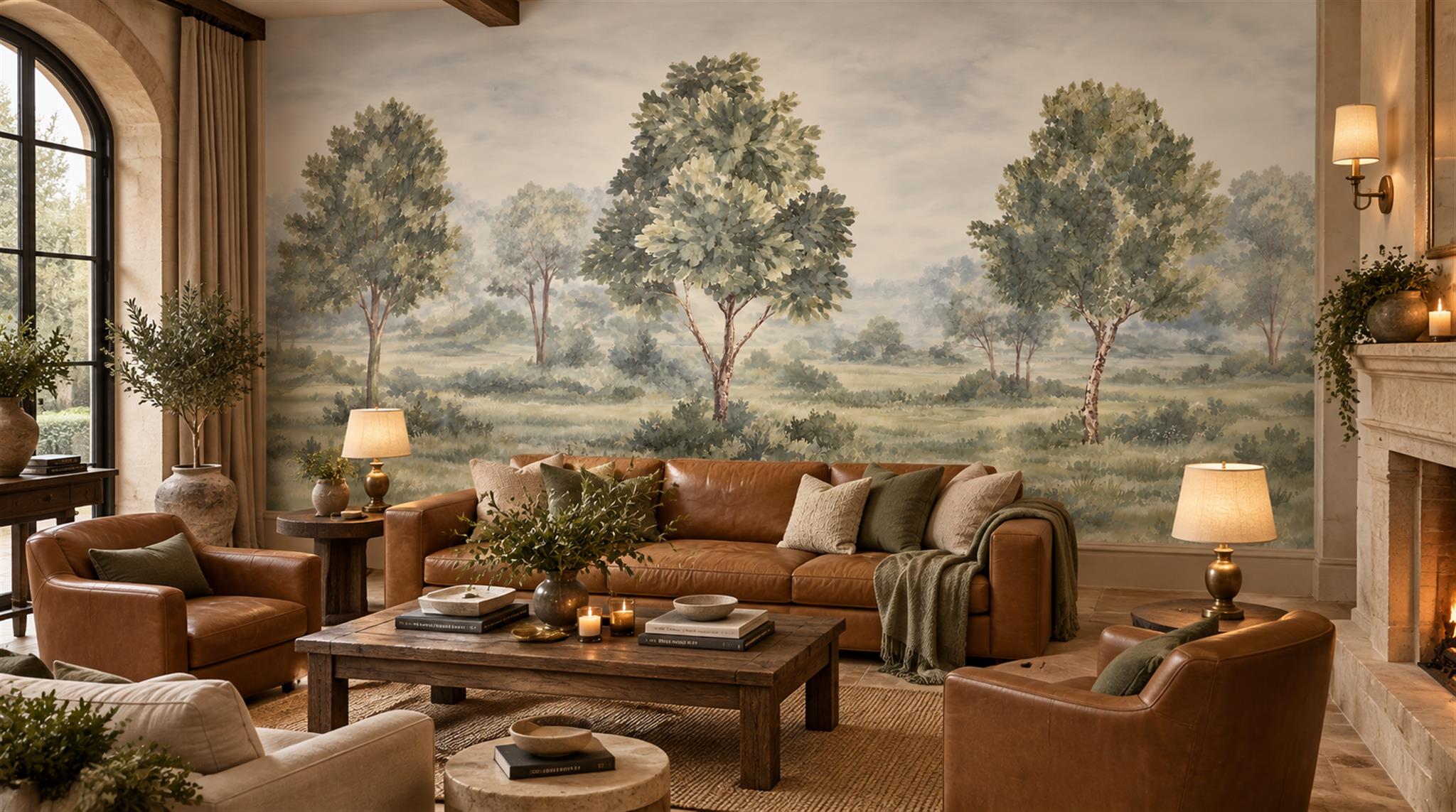Sage Green And Neutral A Painterly Scenic View Wallpaper Accent-wall-wallpaper-murals, Peel-and-stick Finish