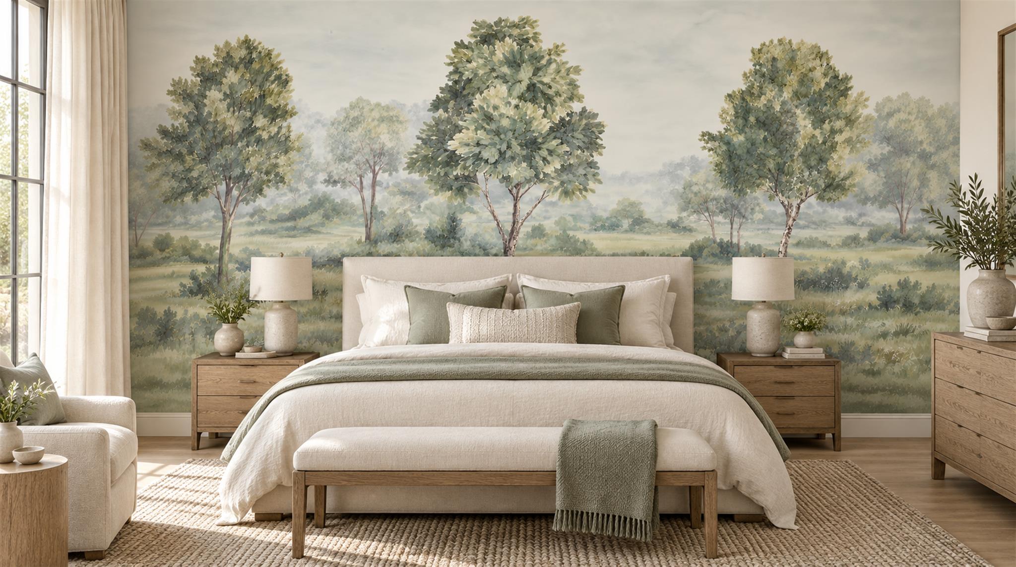 Watercolour Trees Across A Misty Green Meadow Wallpaper Mural — Installed Wallpaper Mural In A Bedroom, Peel-and-stick Finish