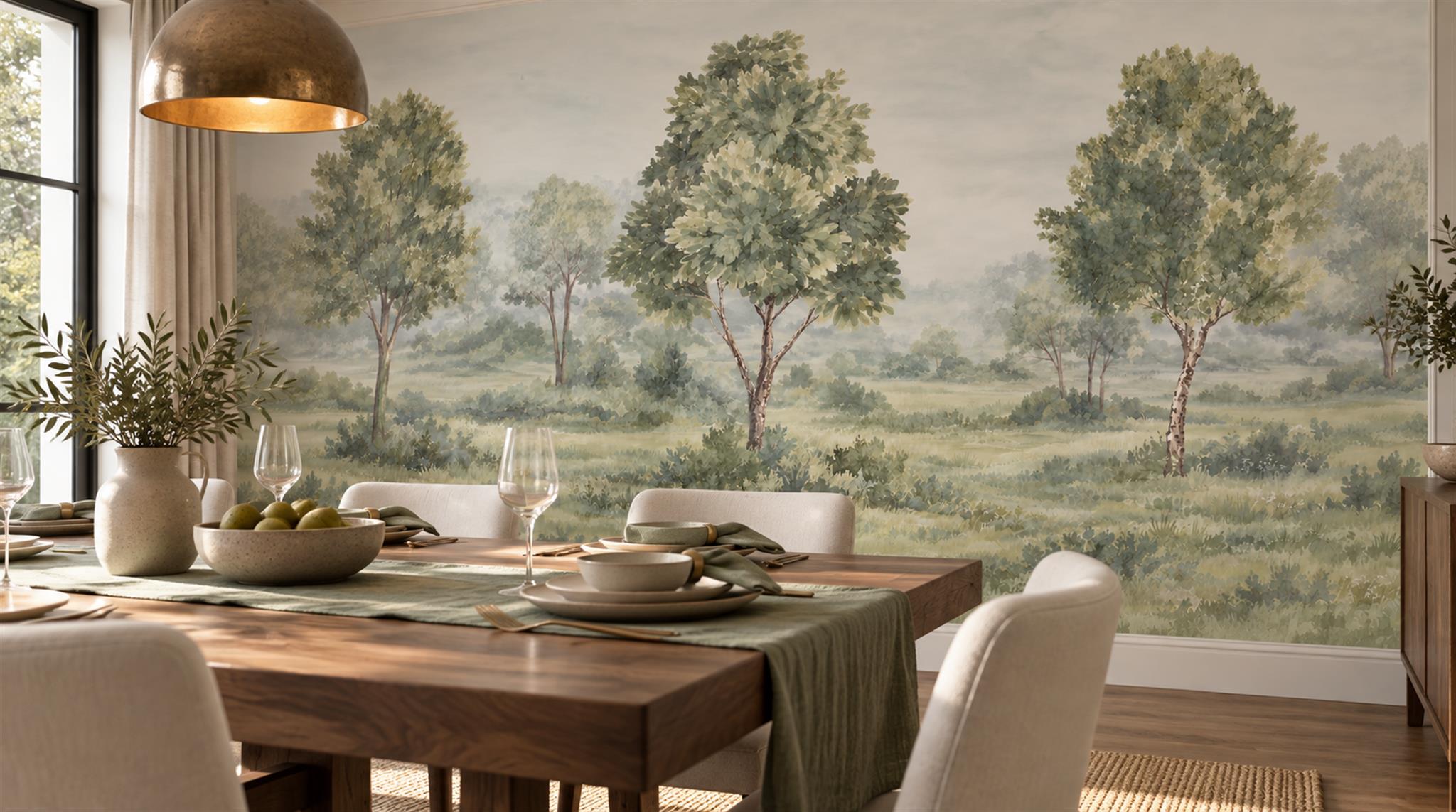 Sage Green And Neutral A Painterly Scenic View Wallpaper Dining-room-wallpaper-murals, Shown In A Dining Room, Peel-and-stick Finish