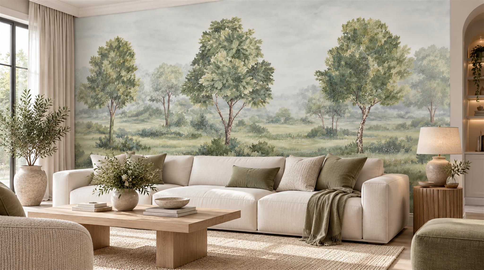 Sage Green And Neutral A Painterly Scenic View Wallpaper Living-room-wallpaper-murals, Shown In A Living Room, Peel-and-stick Finish