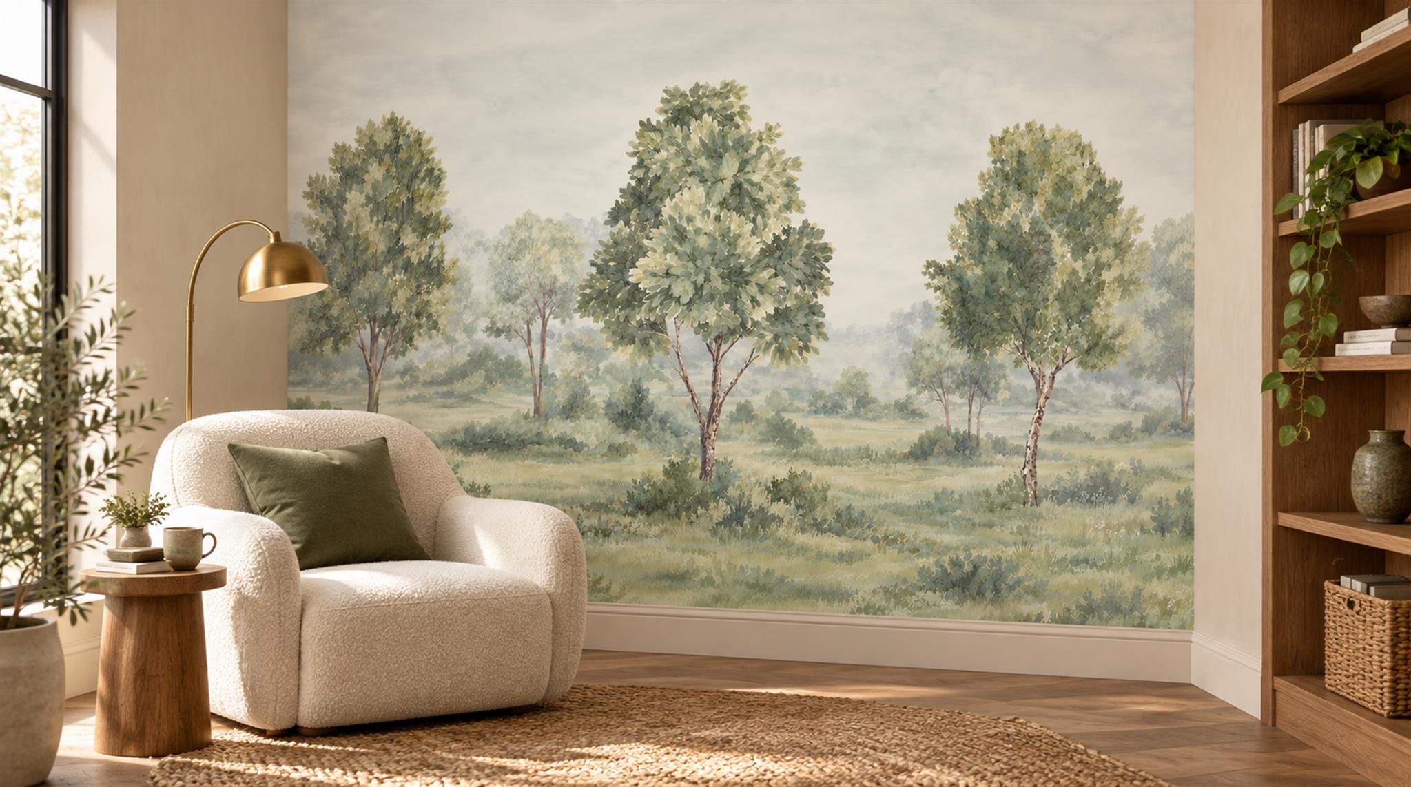Sage Green And Neutral A Painterly Scenic View Wallpaper Bedroom-wallpaper-murals, Peel-and-stick Finish