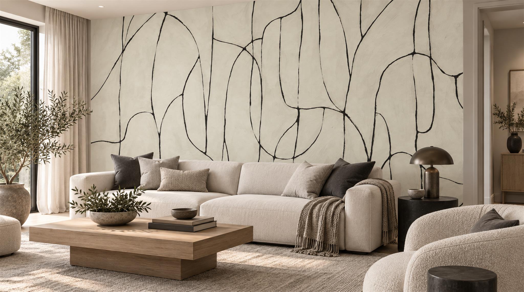 Ivory And Neutral Abstract Forms Wallpaper Mural Living-room-wallpaper-murals, Shown In A Living Room, Peel-and-stick Finish