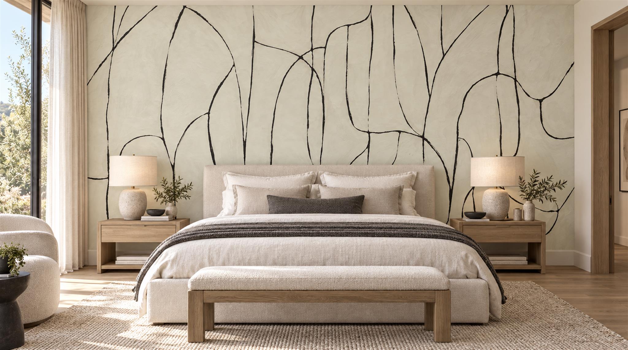 Ivory And Neutral Abstract Forms Wallpaper Mural Bedroom-wallpaper-murals, Peel-and-stick Finish