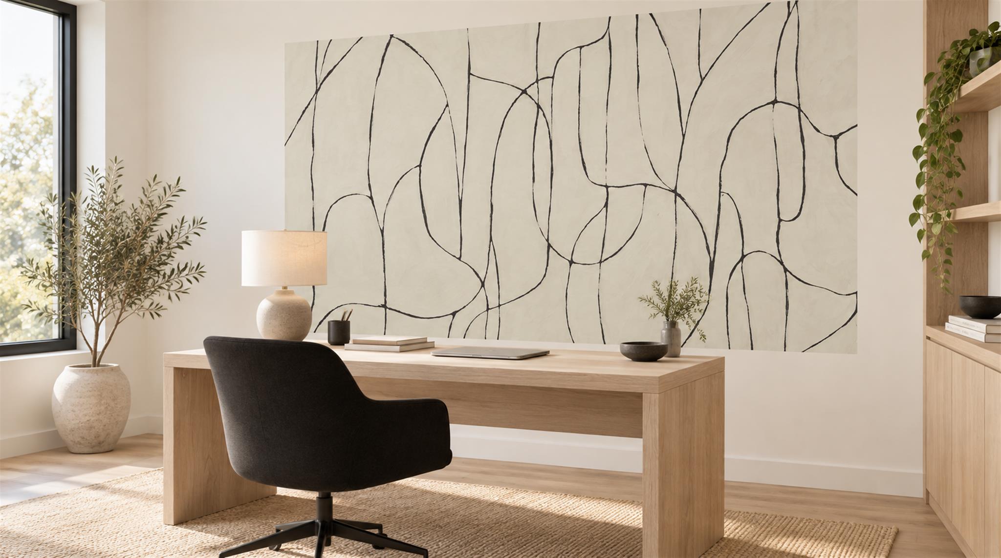 Ivory And Neutral Abstract Forms Wallpaper Mural Office-wallpaper-murals, Shown In A Home Office, Peel-and-stick Finish