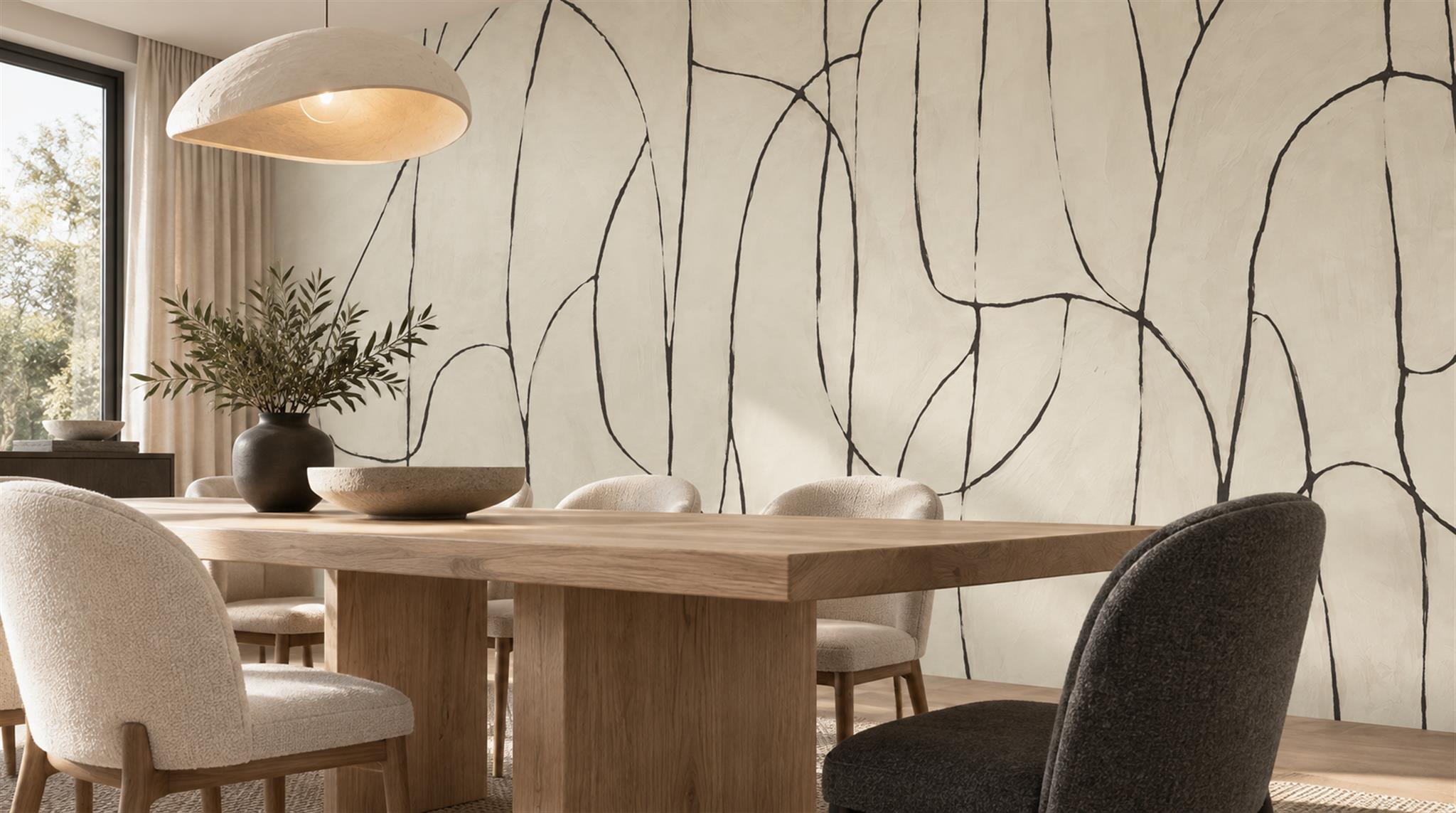 Ivory And Neutral Abstract Forms Wallpaper Mural Accent-wall-wallpaper-murals, Peel-and-stick Finish