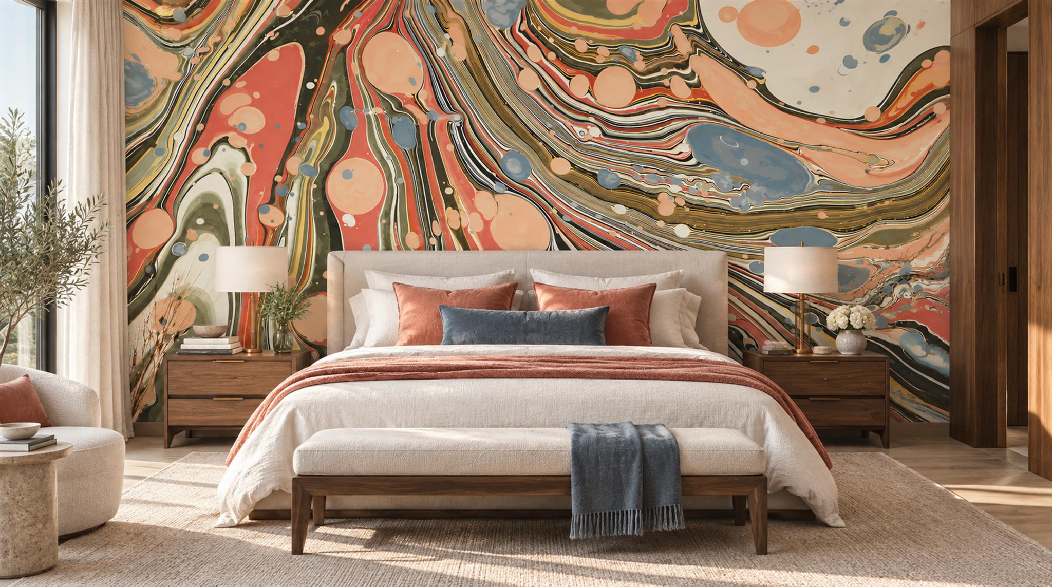 Red And Neutral Sweeping Swirl Forms Wallpaper Mural Bedroom-wallpaper-murals, Peel-and-stick Finish