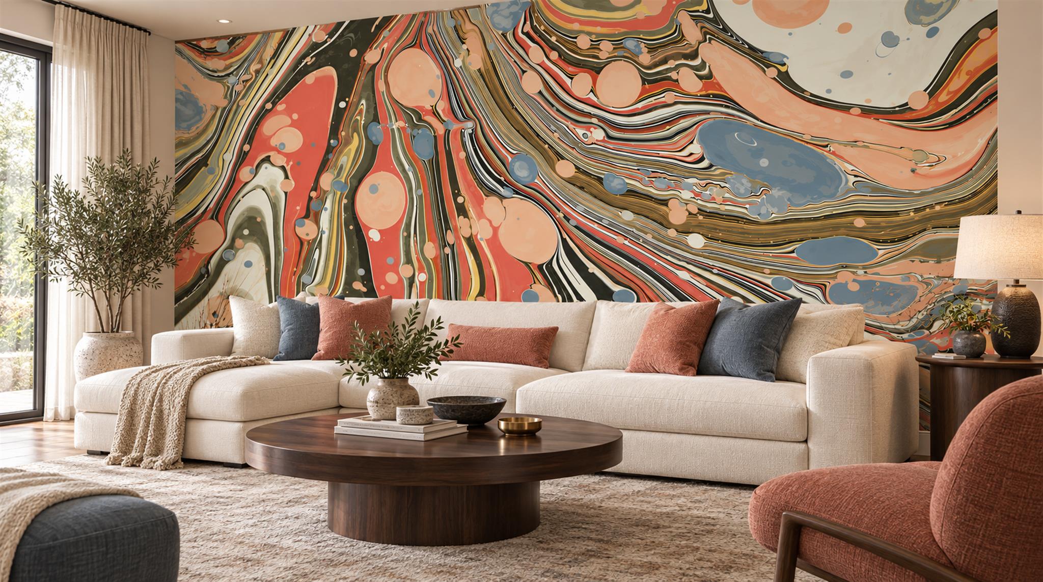 Red And Neutral Sweeping Swirl Forms Wallpaper Mural Living-room-wallpaper-murals, Shown In A Living Room, Peel-and-stick Finish