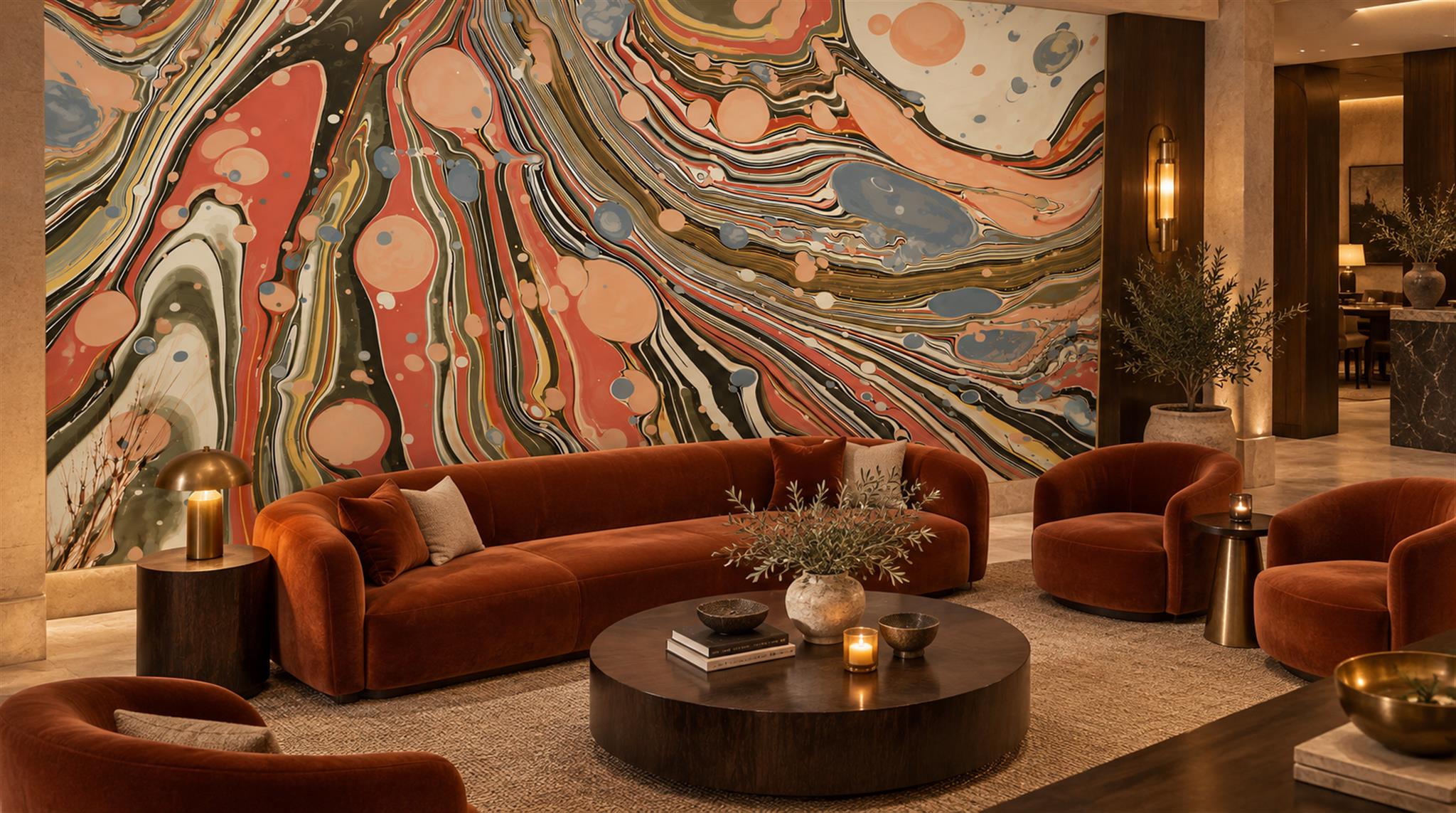Red And Neutral Sweeping Swirl Forms Wallpaper Mural, Peel-and-stick Finish