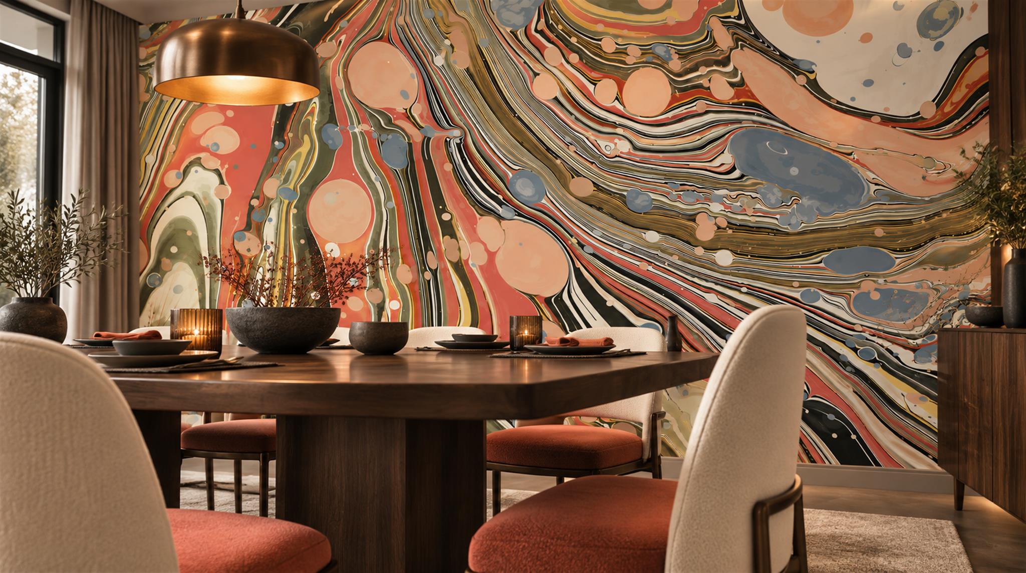 Red And Neutral Sweeping Swirl Forms Wallpaper Mural Dining-room-wallpaper-murals, Shown In A Dining Room, Peel-and-stick Finish