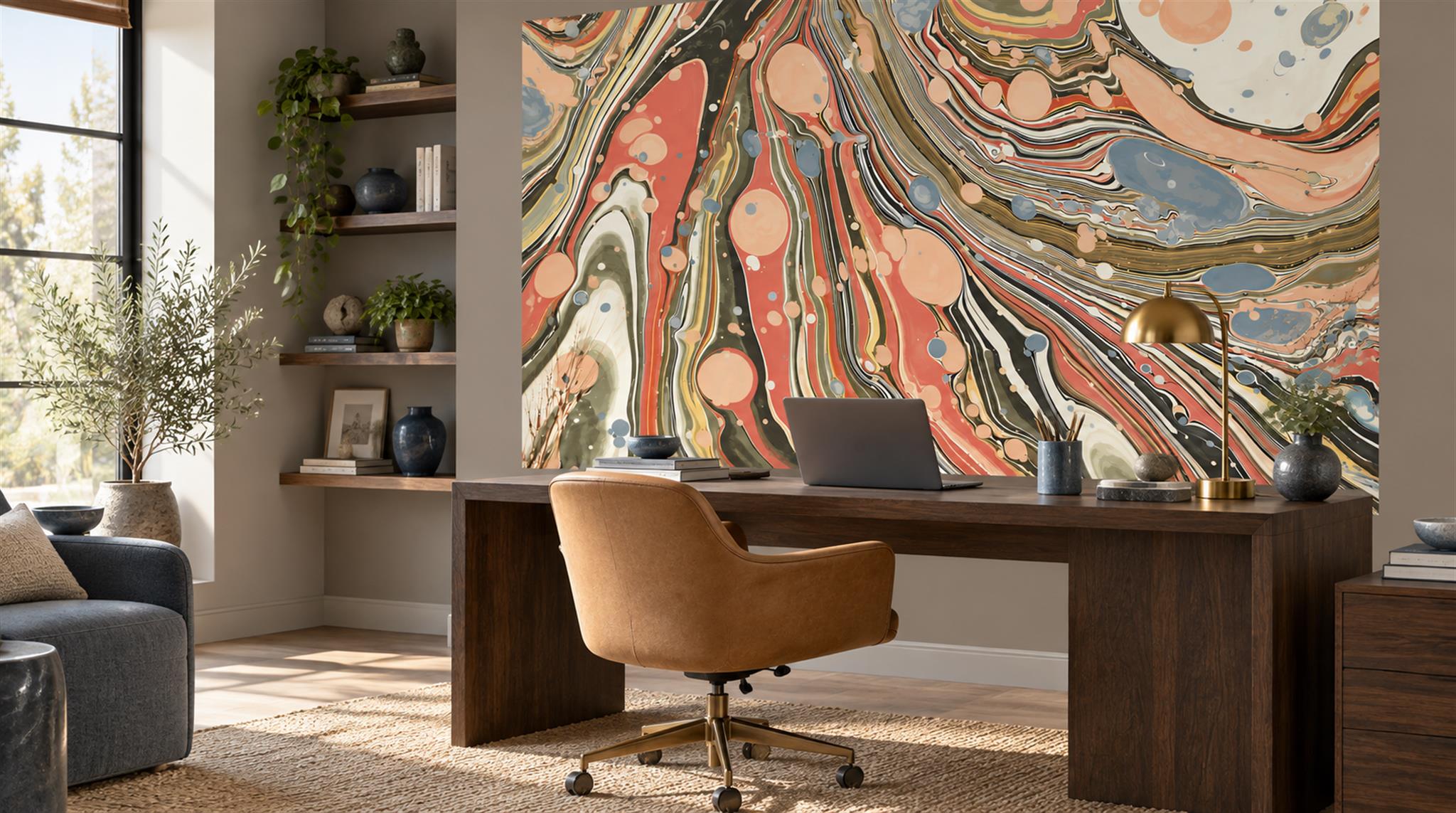 Red And Neutral Sweeping Swirl Forms Wallpaper Mural Accent-wall-wallpaper-murals, Peel-and-stick Finish