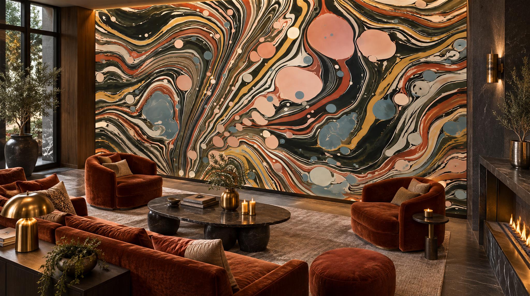 Red And Neutral Decorative Patterning Wallpaper Mural Layered Curved Accent-wall-wallpaper-murals, Peel-and-stick Finish