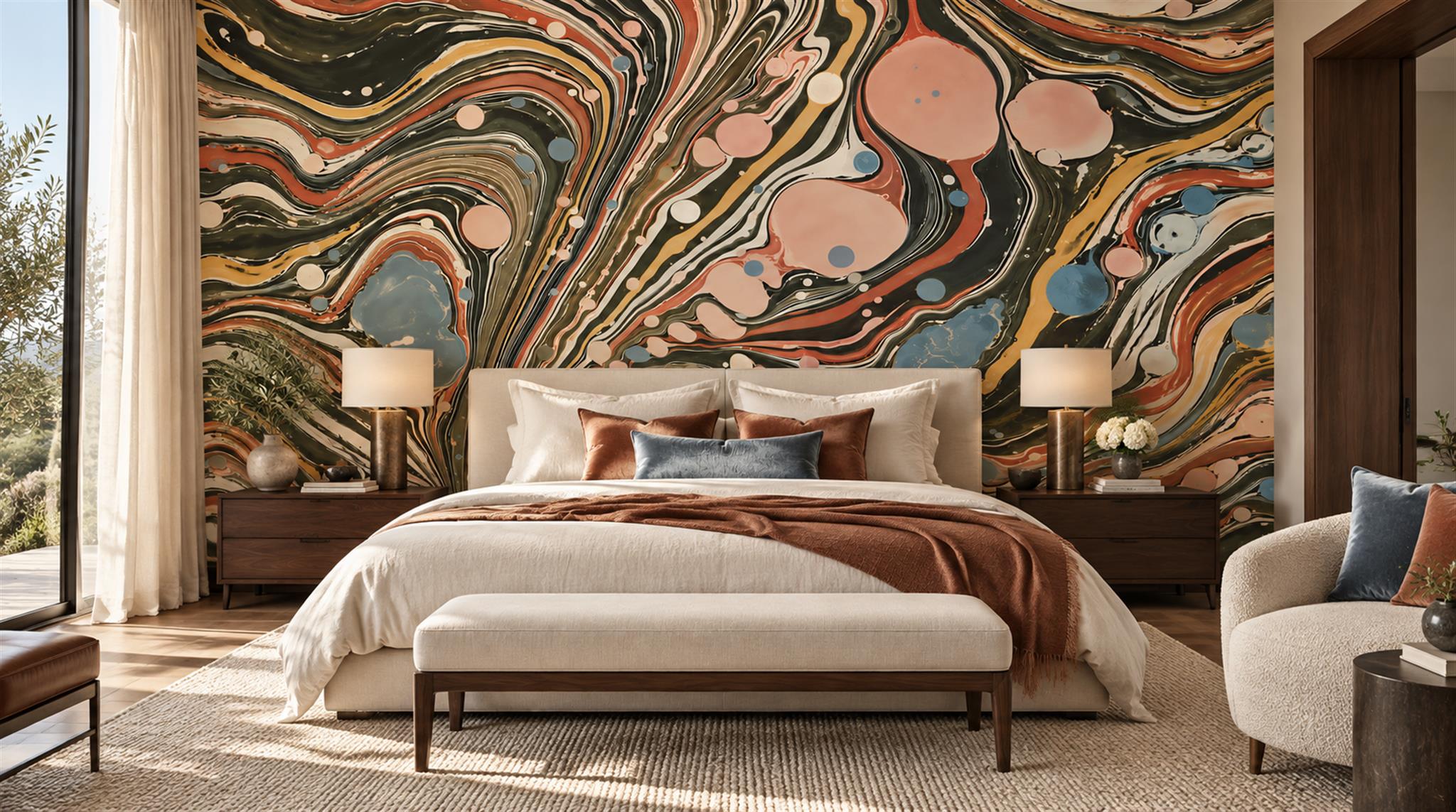 Red And Neutral Decorative Patterning Wallpaper Mural Layered Curved Bedroom-wallpaper-murals, Peel-and-stick Finish